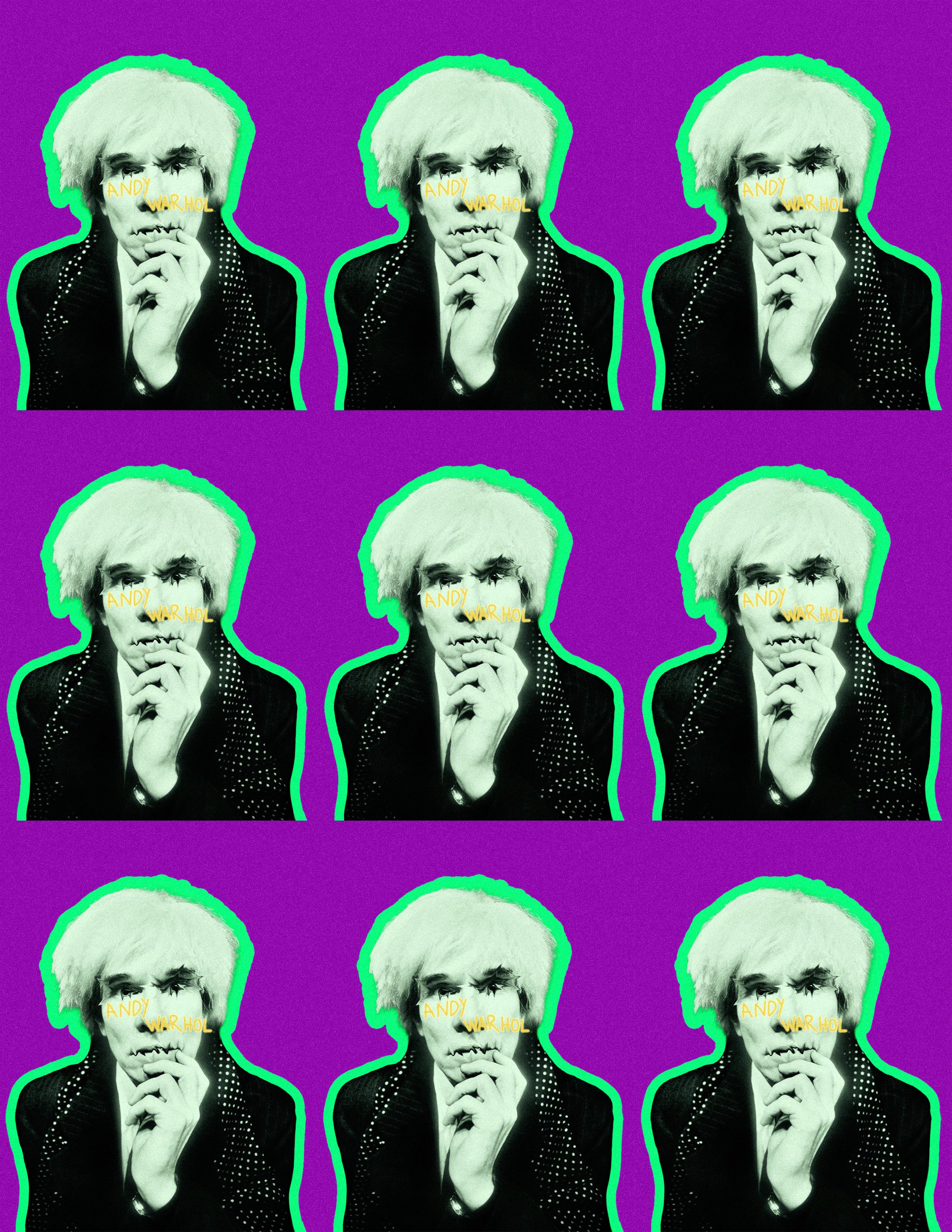 Repeated black and white portrait of Andy Warhol wearing a polka-dotted jacket with his hand near his chin, over a purple background, with a green outline and yellow text that reads 'Andy Warhol' across his eyes.