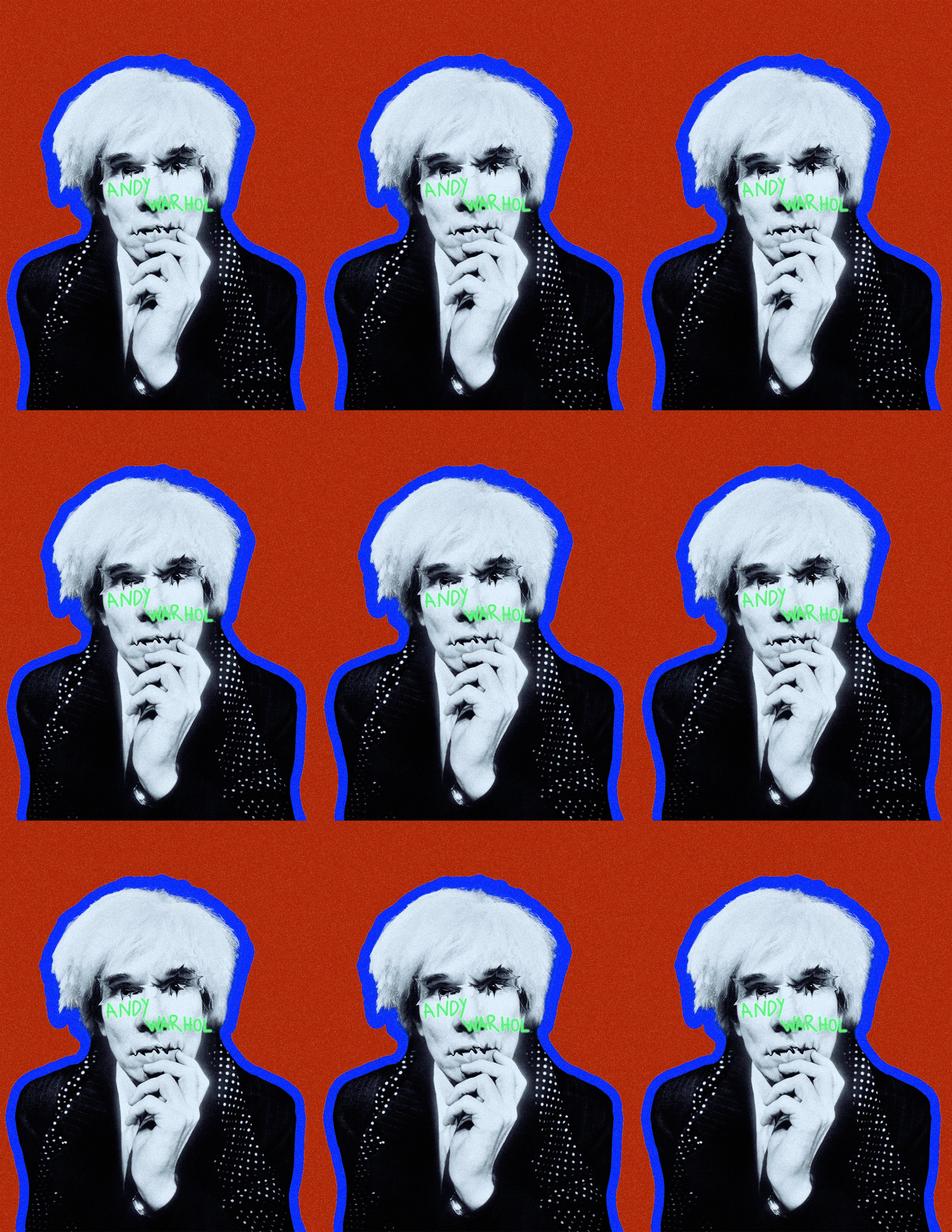 Pop art style pattern featuring black and white images of Andy Warhol with white hair, each with green text overlay reading 'ANDY WARHOL', against a red background with black highlights and blue outlines around each image.