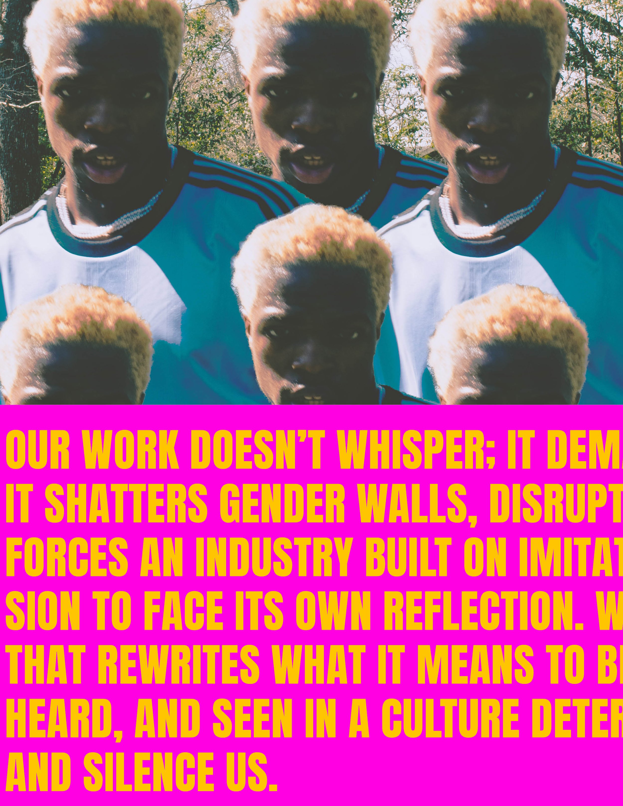A multiple exposure image of a young person with blond hair wearing a sports jersey, set against a background of trees and a bright sky, with a bold pink and yellow text overlay.