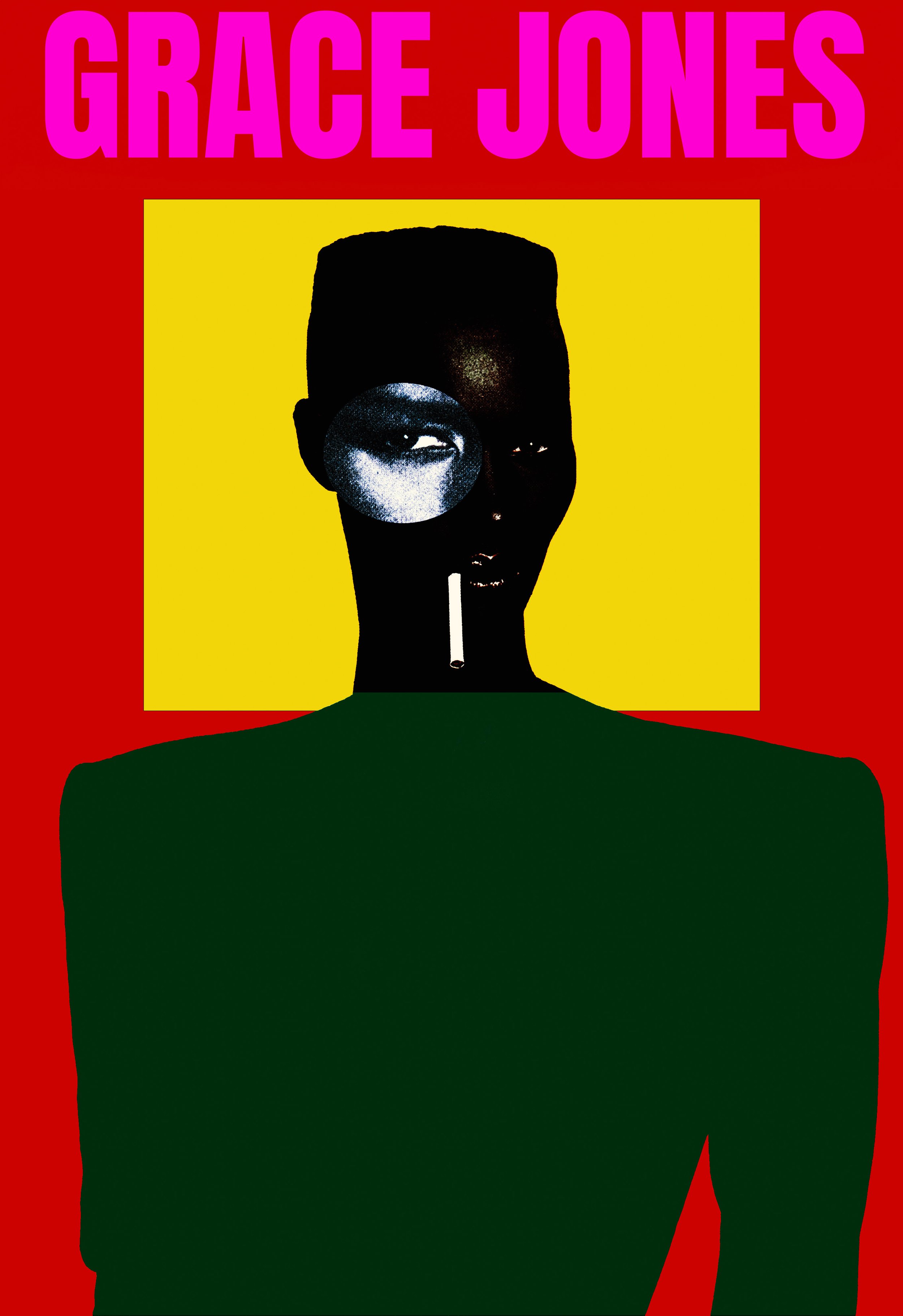 A stylized image of a woman with a dark silhouette against a red background. She is holding a magnifying glass that reveals a close-up of her eye, which is also depicted in a stylized manner. The text "GRACE JONES" is displayed at the top in large pi