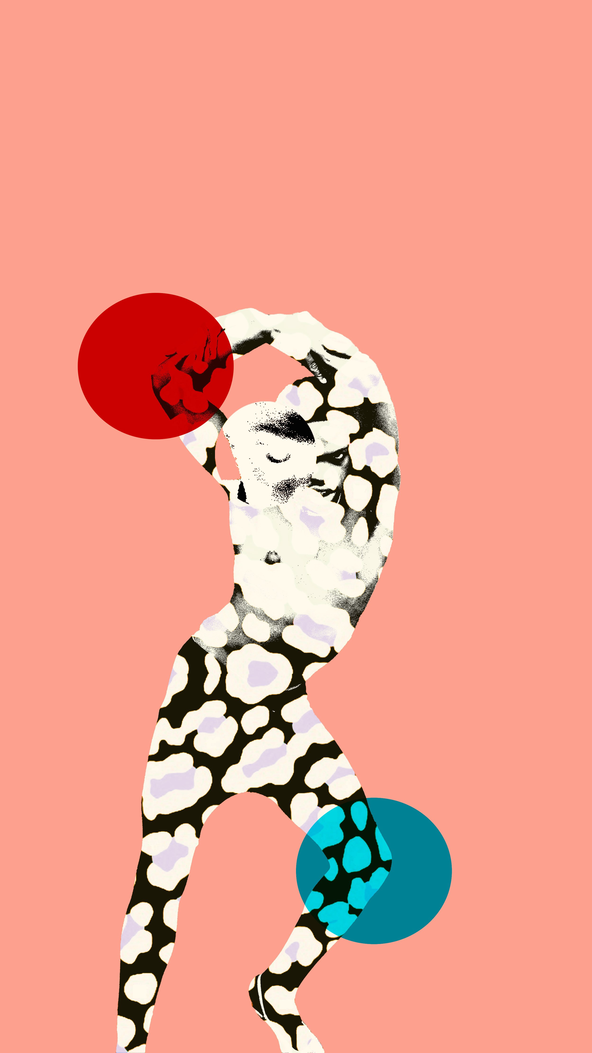 A stylized illustration of a snake with black and white spots, coiled in a human-like pose with a squinting face, holding a red ball with a black paw print in its hand, against a pink background.