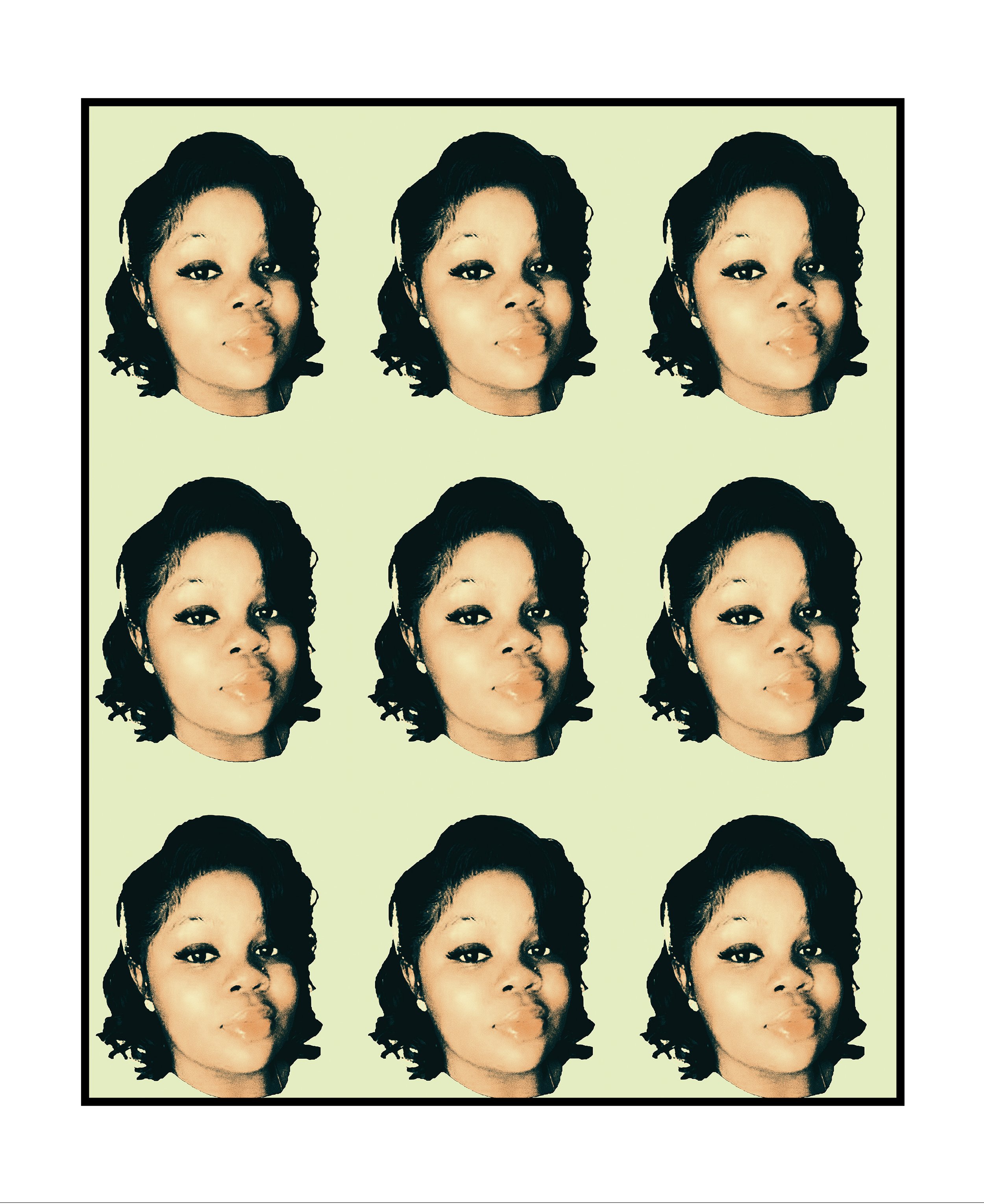 Repeated pattern of a woman's portrait with dark hair, earrings, and makeup on a light green background, framed by a black border.