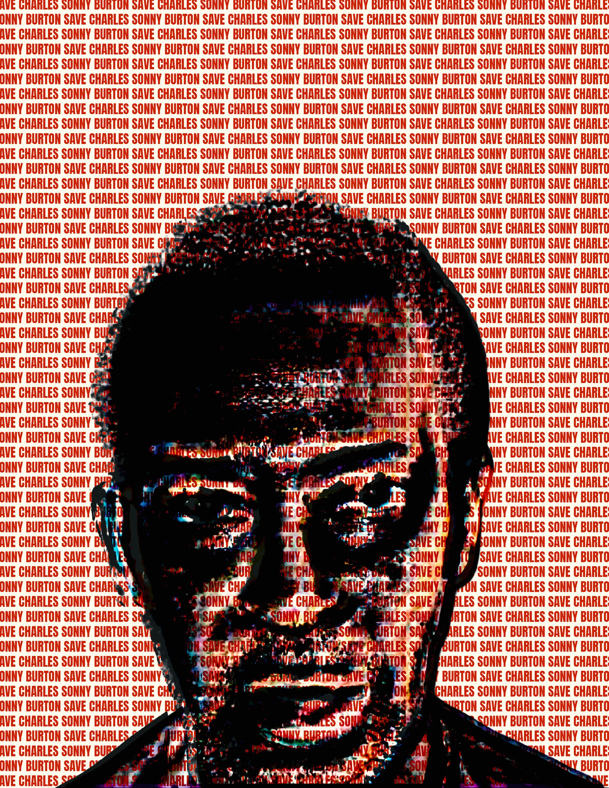 A low-resolution digital art portrait of Charles Sonny Burton, with a backdrop of repeated red text saying 'Save Charles Sonny Burton' on a white background.