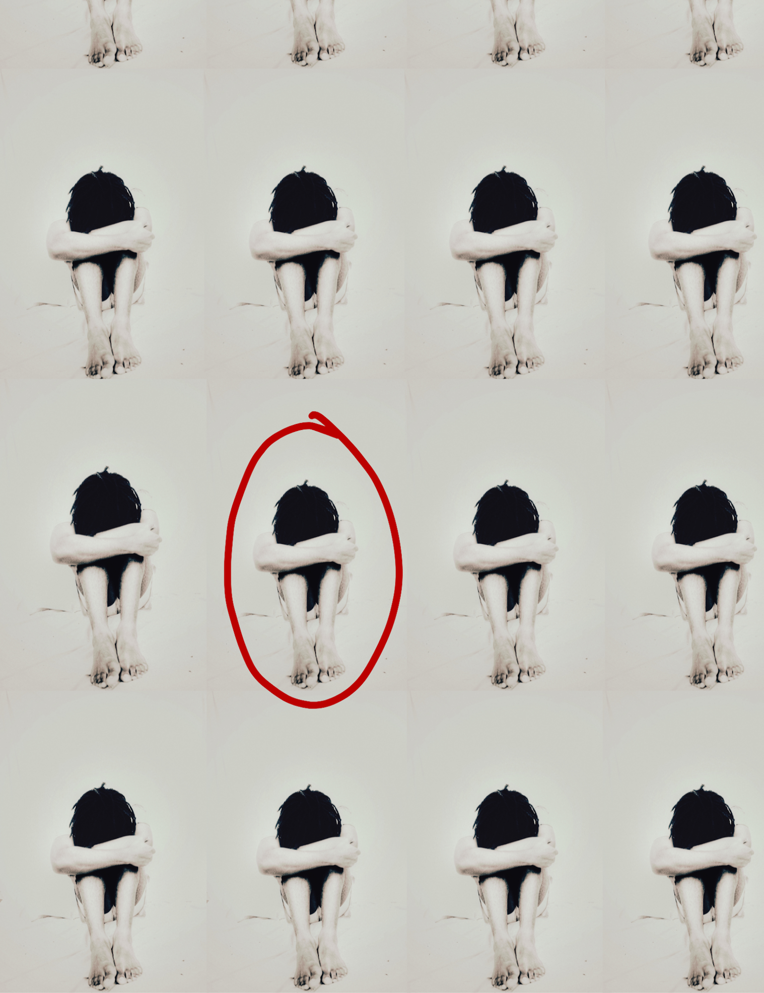 A repeated pattern of a person with dark hair hugging their knees to their chest, sitting against a plain background. One of the images is circled in red.