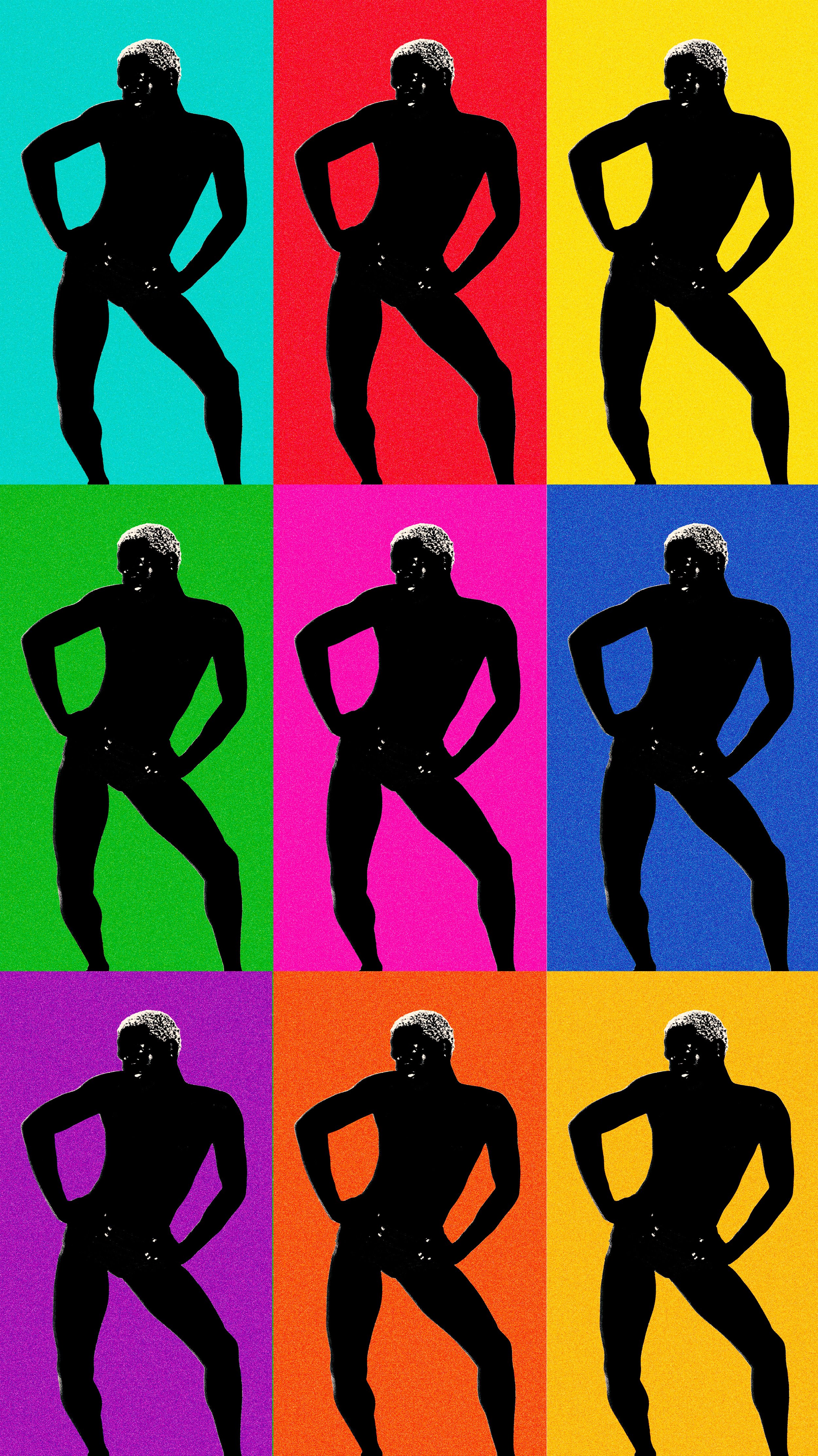 Silhouette of a woman with curly hair standing in a pose with one hand on her hip, repeated in a grid of nine colorful backgrounds resembling Andy Warhol's pop art style.