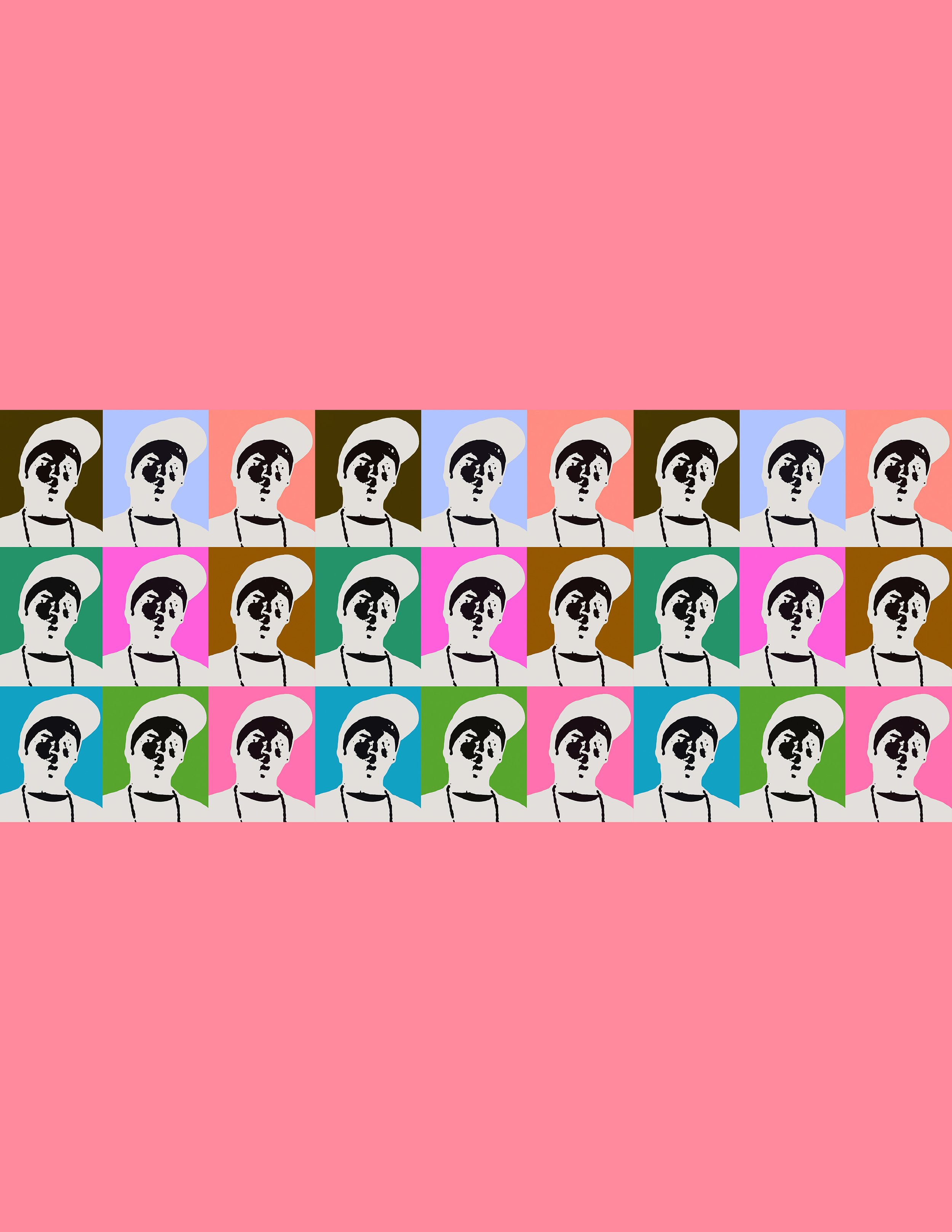 Pop art style image with multiple repetitions of a woman wearing a hat, set against a colorful, patterned background with pink, blue, green, and brown sections.