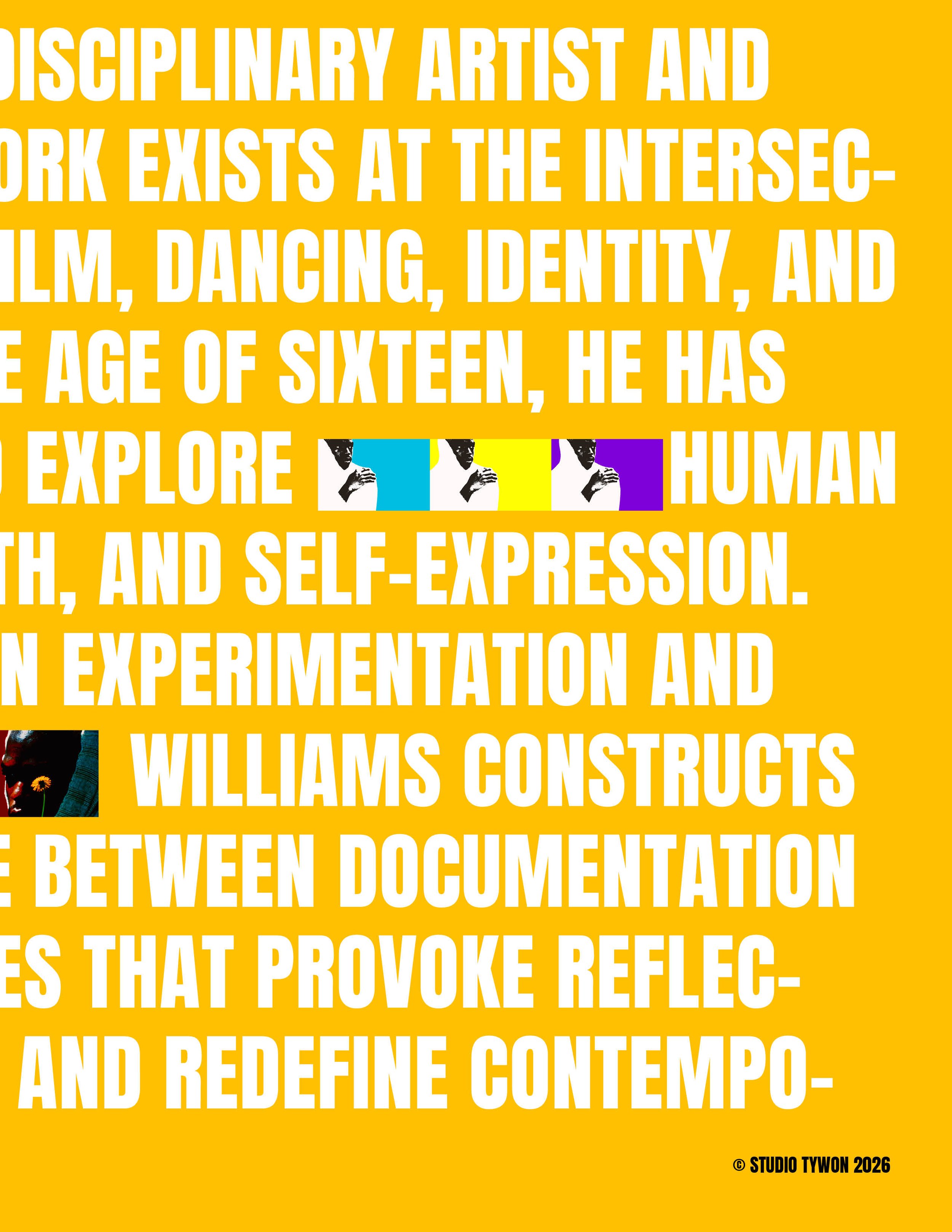 Yellow poster with white text discussing interdisciplinary art, with colorful small images of a person's face and hand in the middle, and a copyright notice at the bottom.