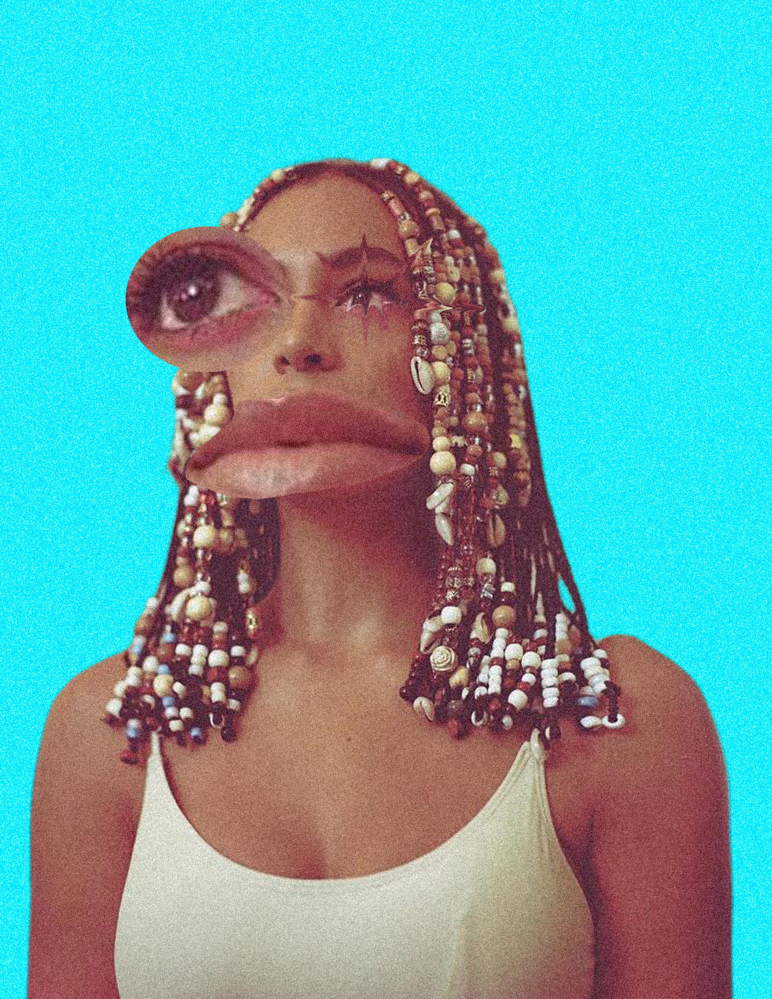 A woman with beaded braids styled with beads and shells, wearing a white top against a blue background.