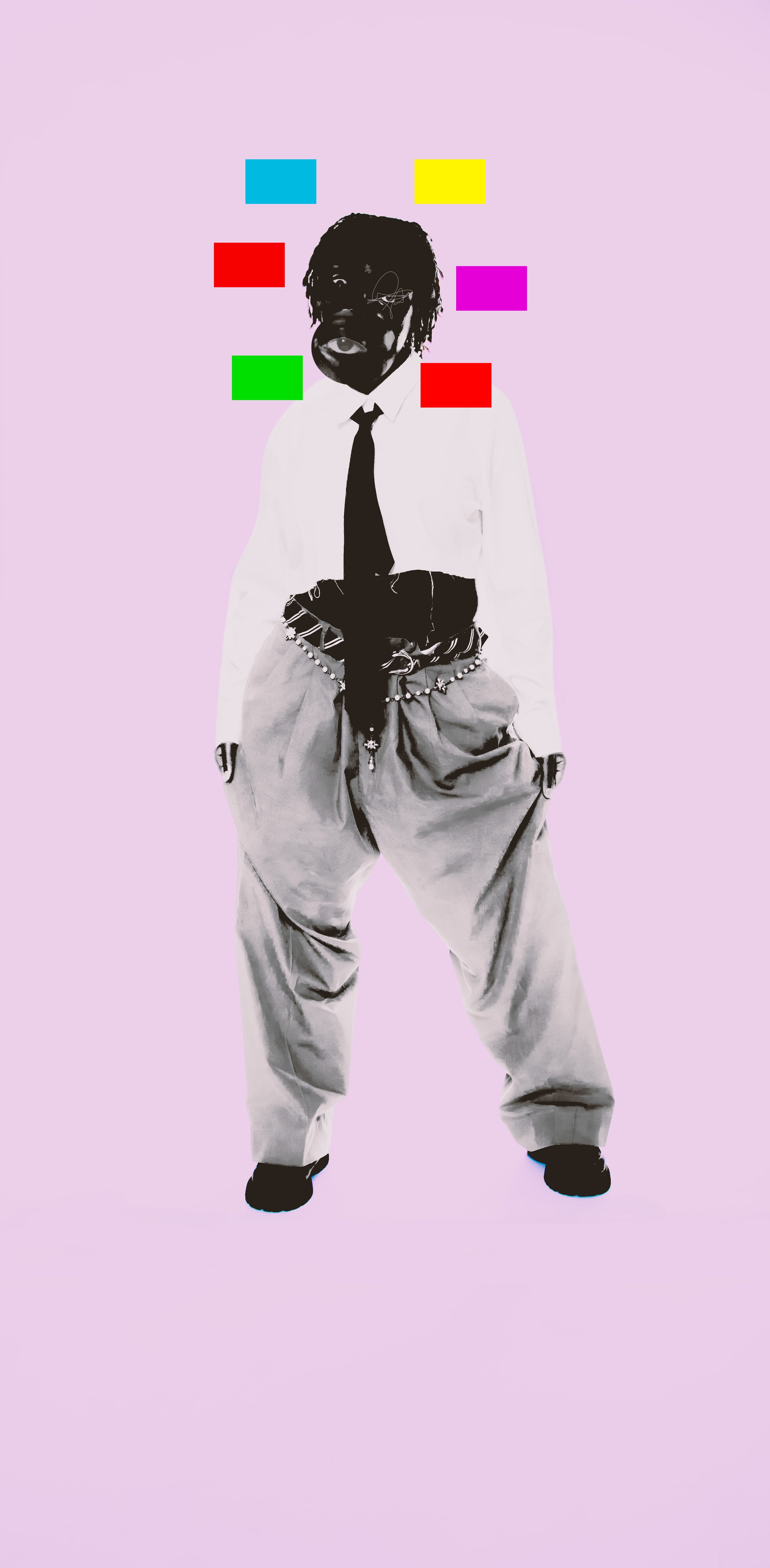 A stylized black and white photo of a person with long hair, wearing loose pants, a waist belt, a white shirt, a black tie, and glasses, standing against a light purple background with color blocks above their head.