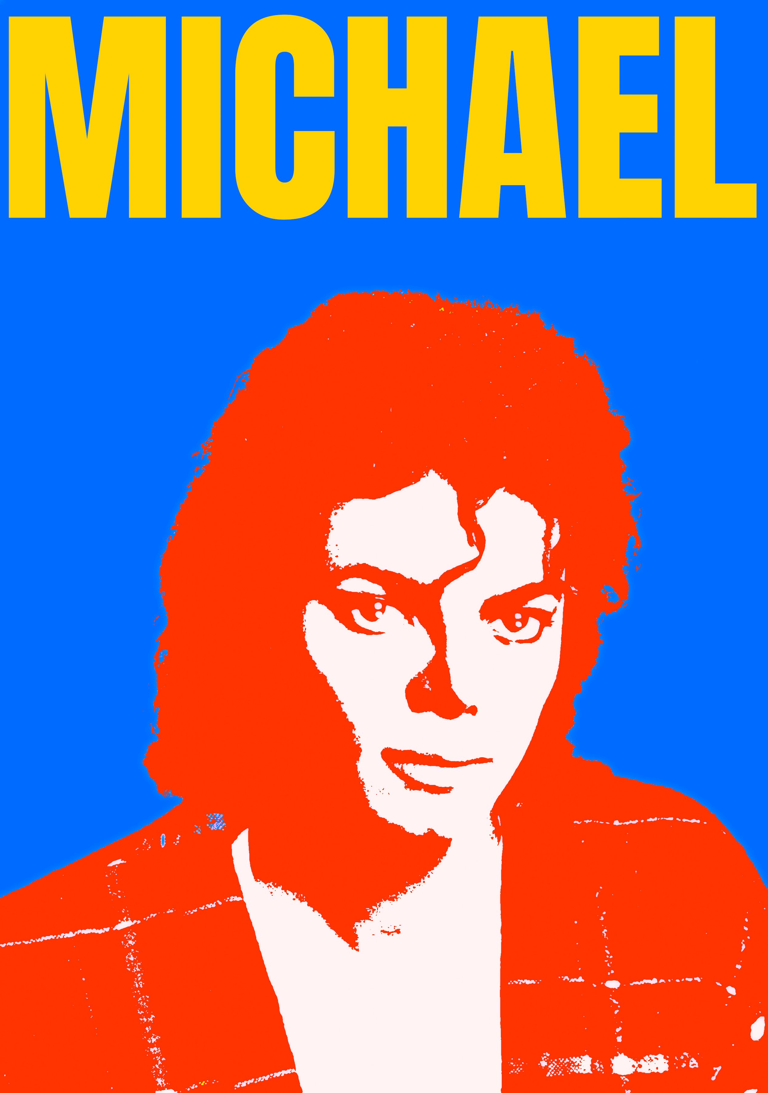 Pop art style poster of a woman with red hair wearing a red jacket, with large yellow text at the top reading 'MICHAEL' against a blue background.