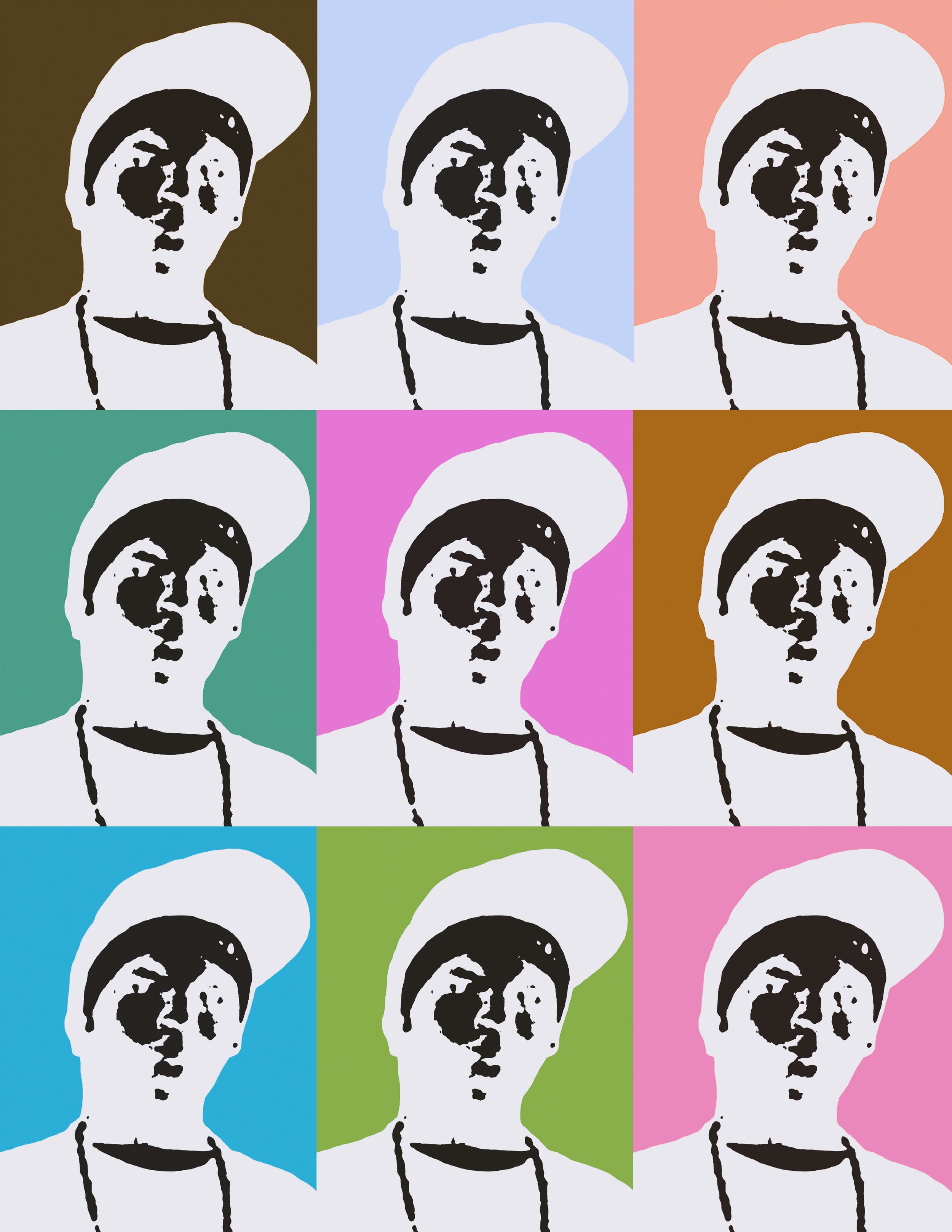 Pop art style image of a person's face in a hat, repeated in a grid with different colored backgrounds in brown, blue, pink, green, and teal.