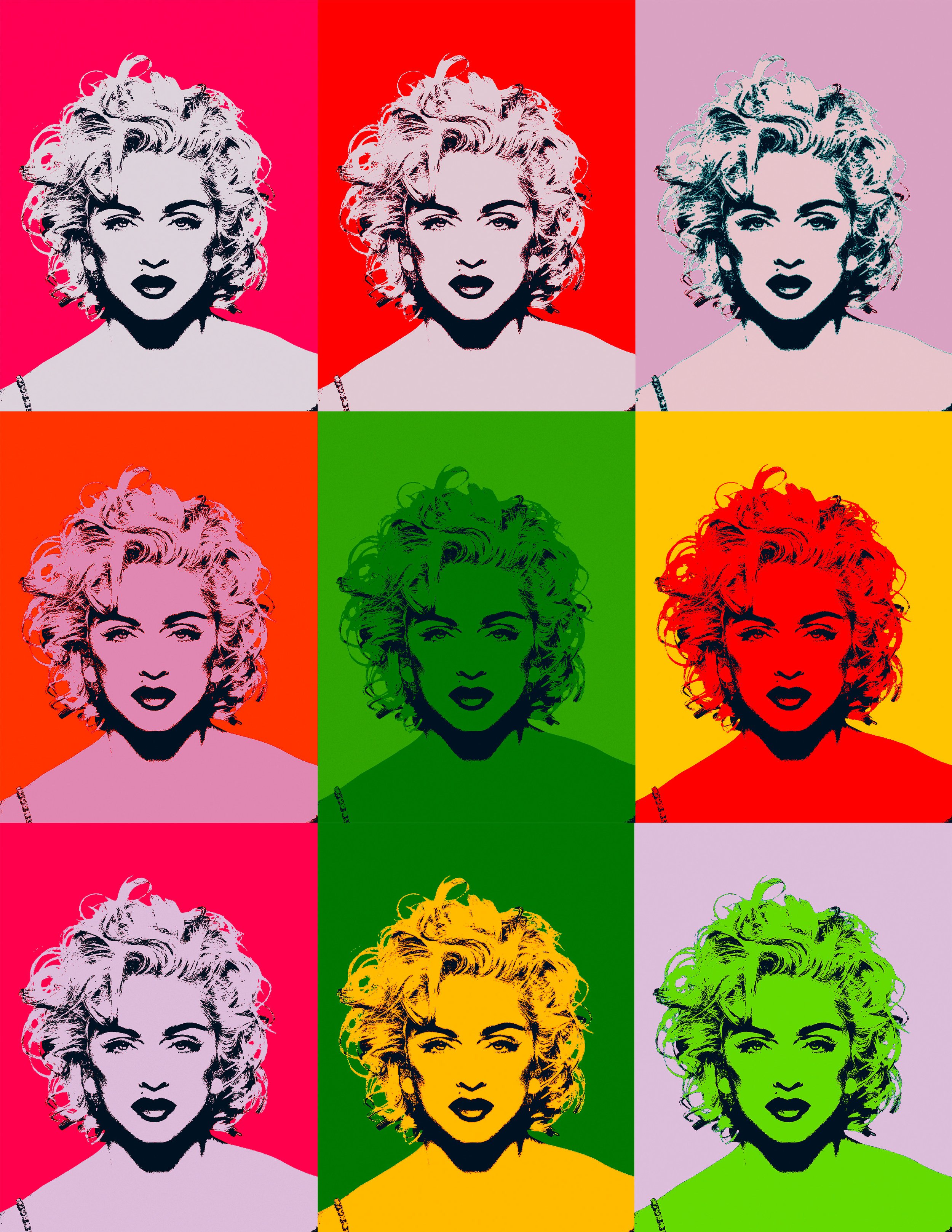 Pop art style portrait of a woman with curly hair in six different color blocks