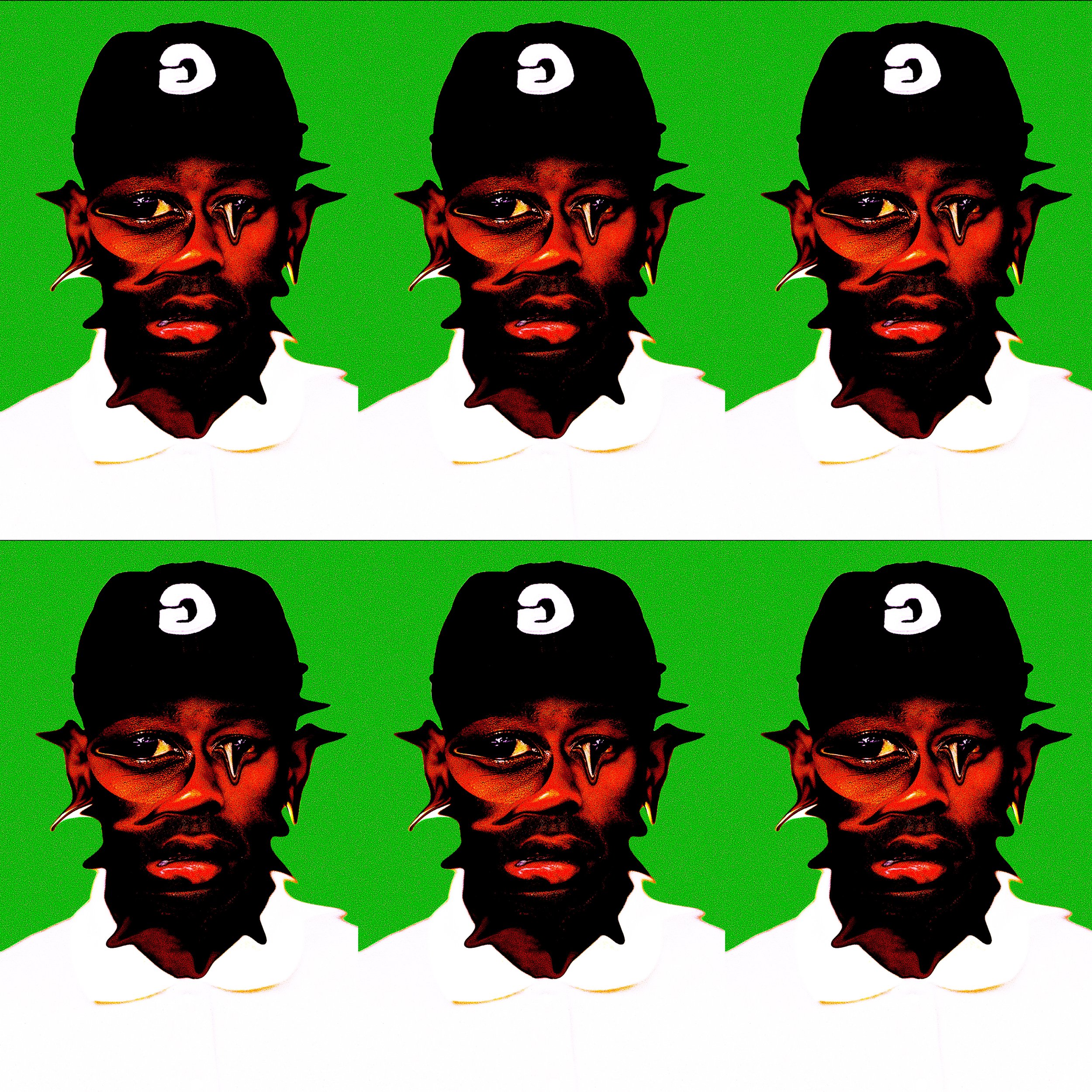 Repeating pattern of a stylized illustrated portrait of a man with background in green. The man has a beard, mustache, and is wearing a black cap with a white logo on it.
