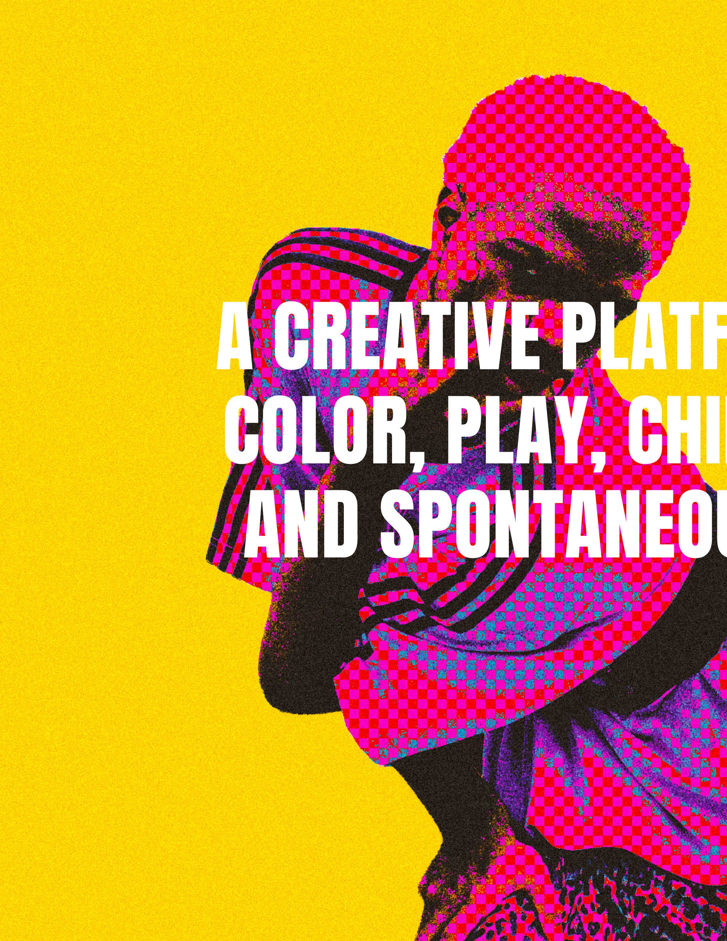 A young child with a pink head wrap and striped shirt, touching his face, against a bright yellow background with overlaid white text about creativity and spontaneity.