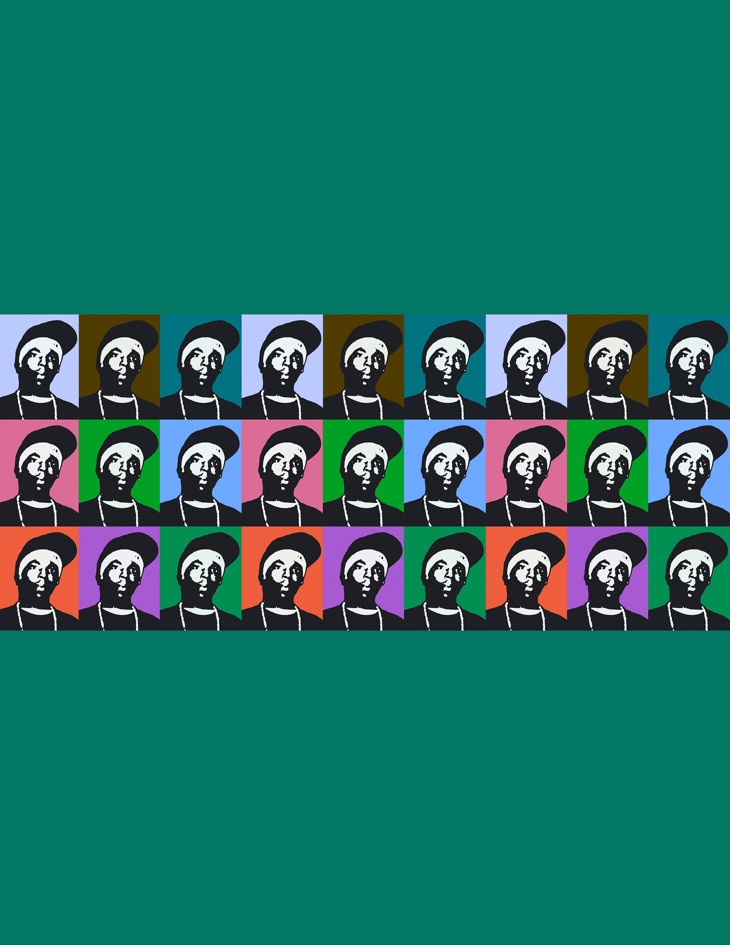 Pop art style portrait of a person wearing a cap, repeated in a colorful grid pattern with various background colors such as green, purple, blue, orange, and pink.