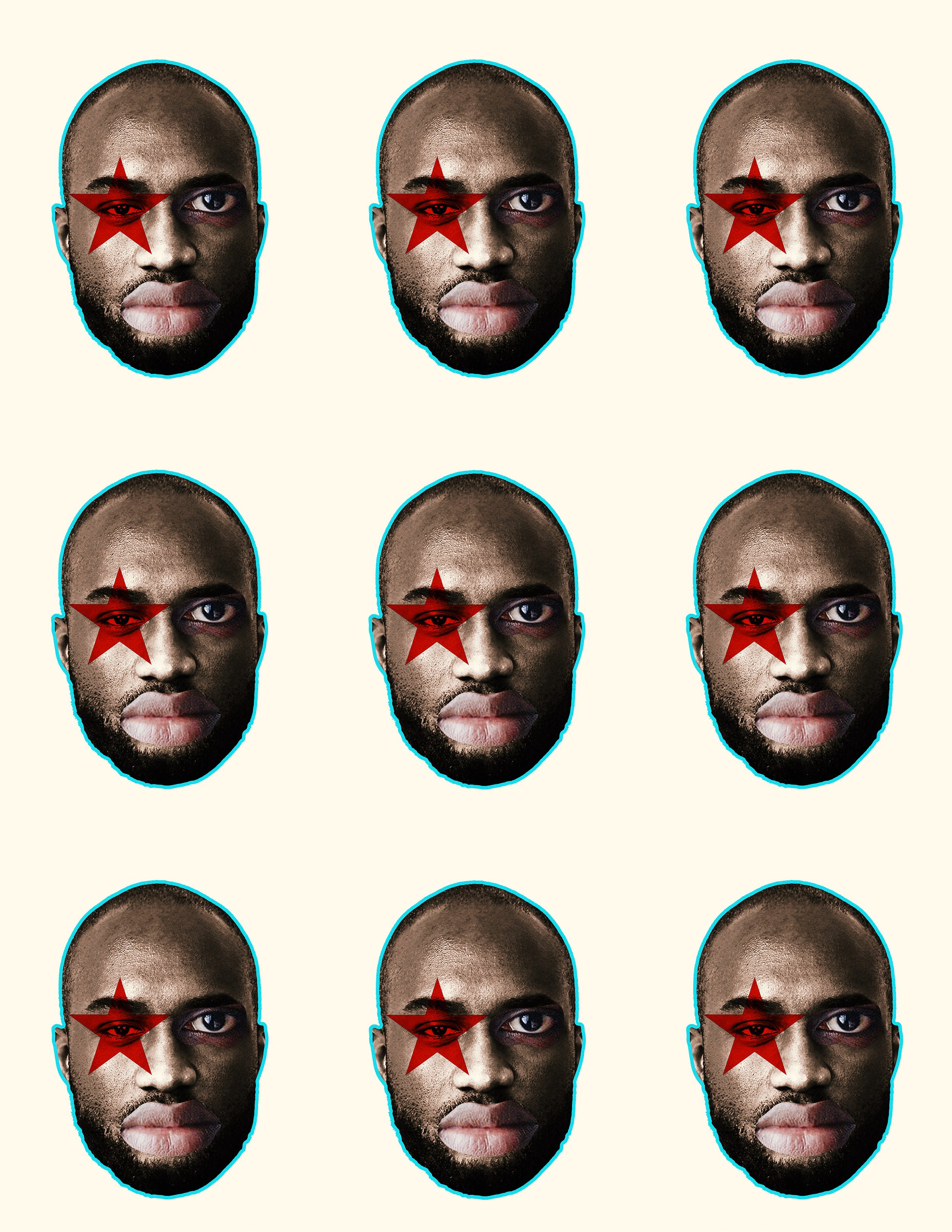 Multiple faces with a red star over one eye and a blue outline, arranged in a grid on a light background.