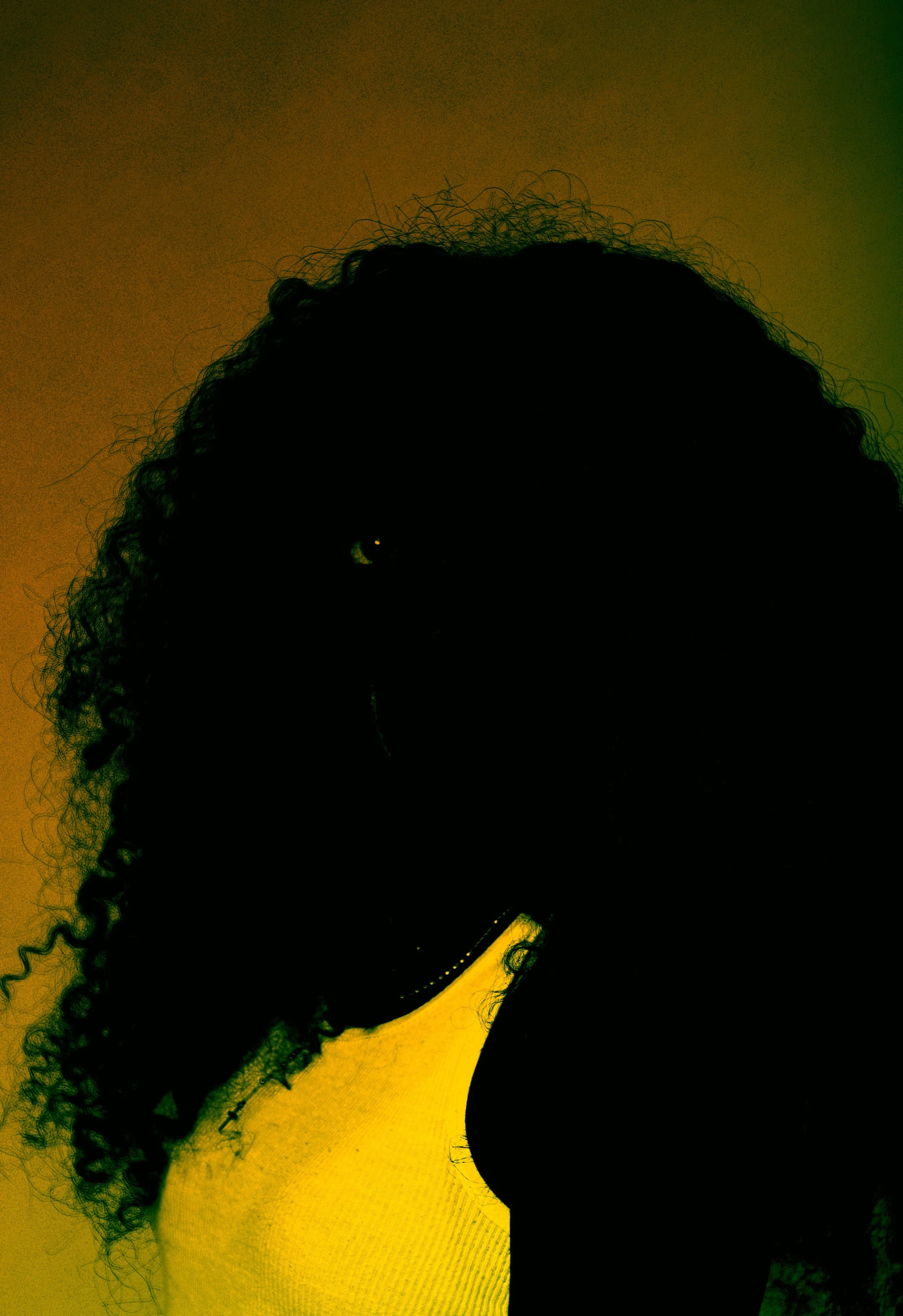 Silhouette of a woman with curly hair, wearing a yellow top against a multicolored background.