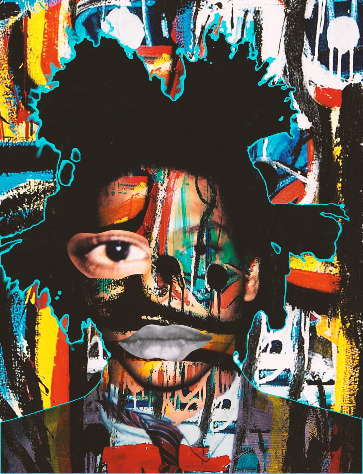 A colorful abstract artwork of a woman's face with various paint splashes, featuring her eyes and lips, with an outline of a face drawn in bright blue.