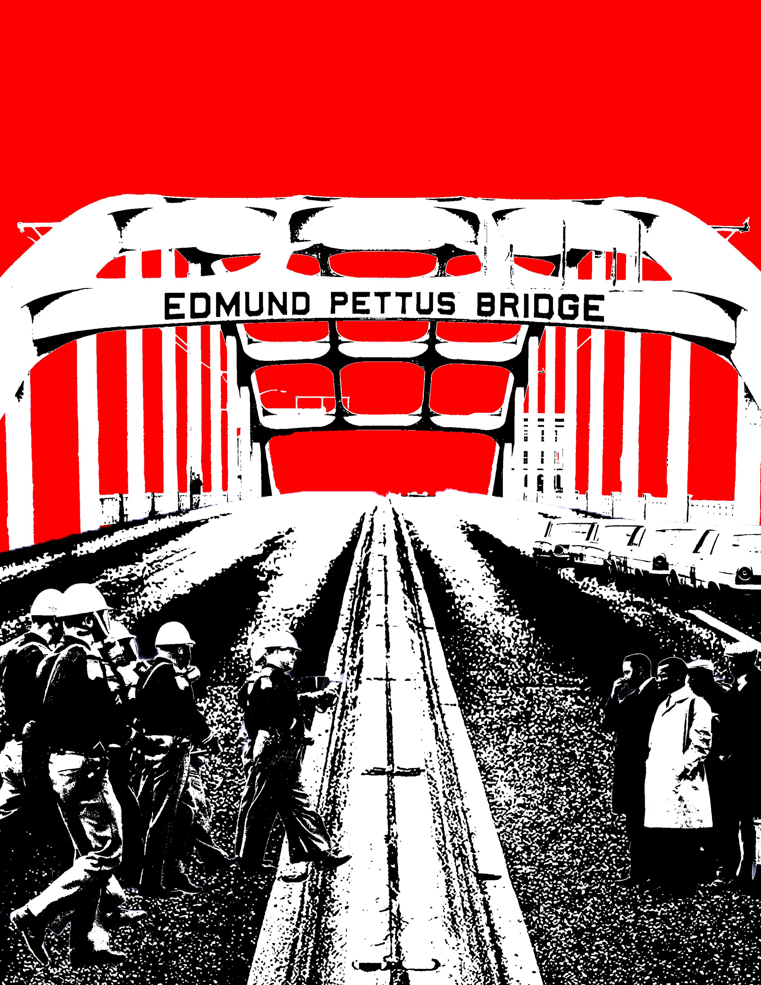 Silhouette illustration of soldiers in helmets standing in formation on railroad tracks, with a large stylized bridge above bearing the text 'Edmund Pettus Bridge' against a red sky background.