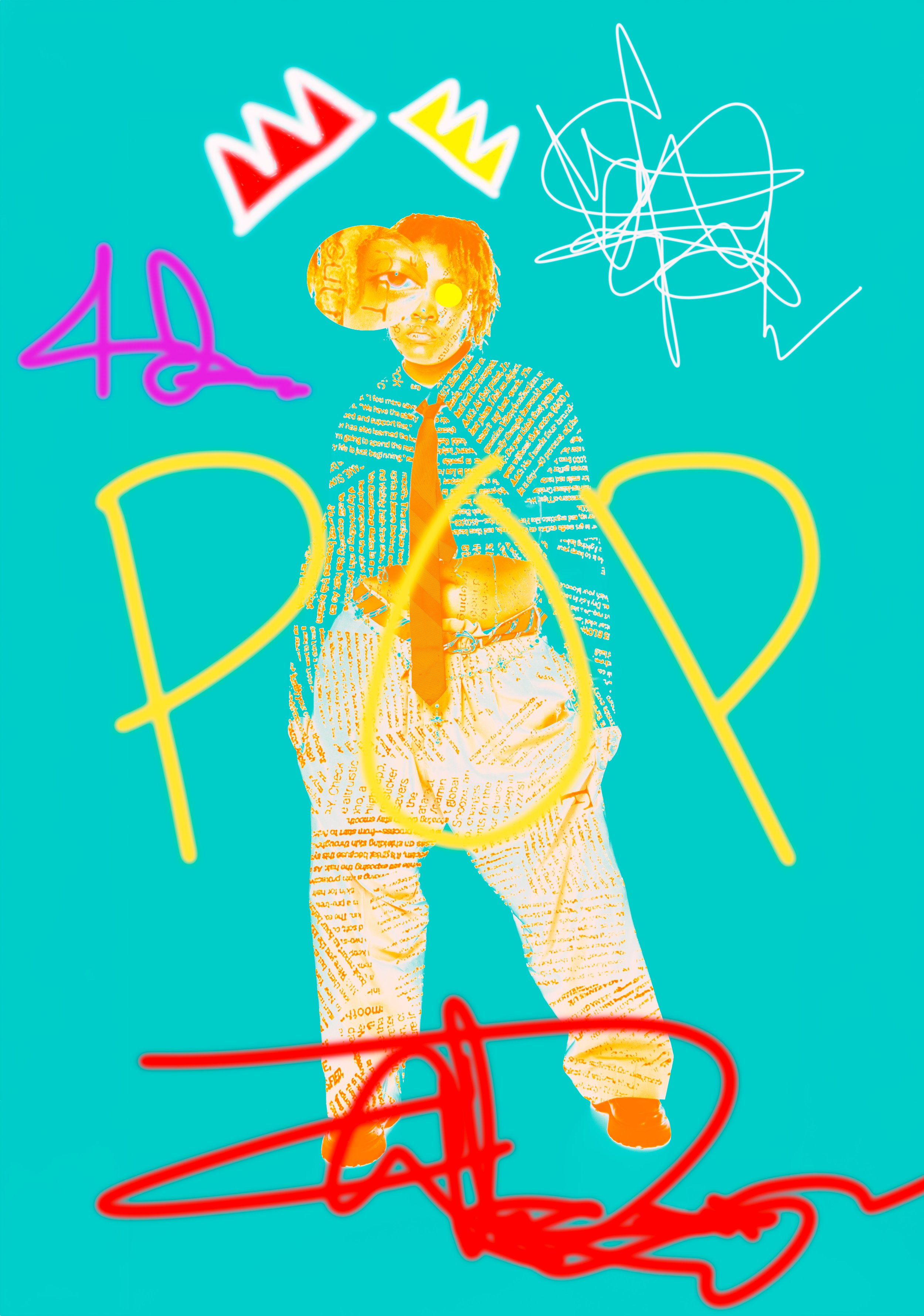 Digital art of a person standing against a teal background, with yellow, red, pink, purple, and black graffiti-style drawings and writings floating around. The person wears a shirt and pants covered in text, a tie, and has exaggerated, bright orange and yellow hair.