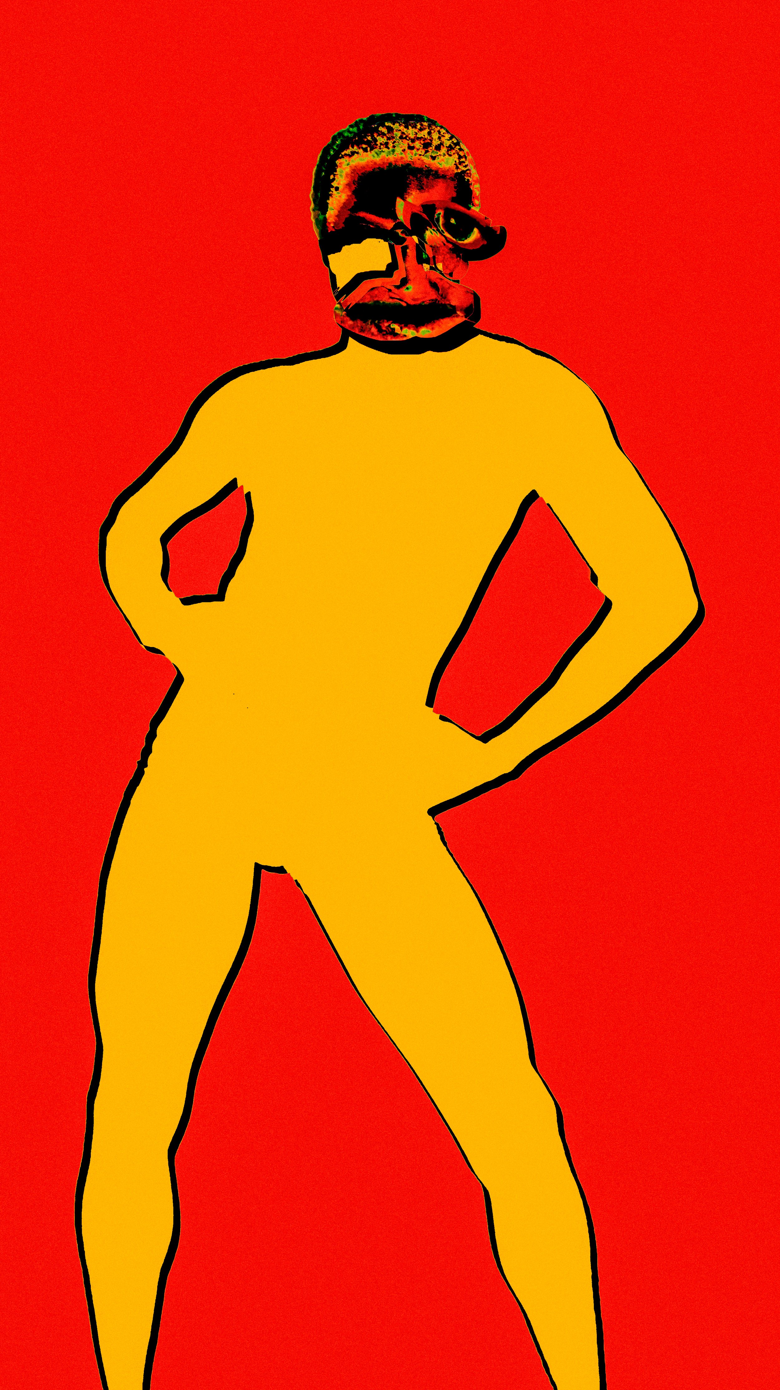 An abstract image with a yellow silhouette of a person with hands on hips against a red background. The person's face is distorted and multicolored, with a mix of black, green, and red patterns.