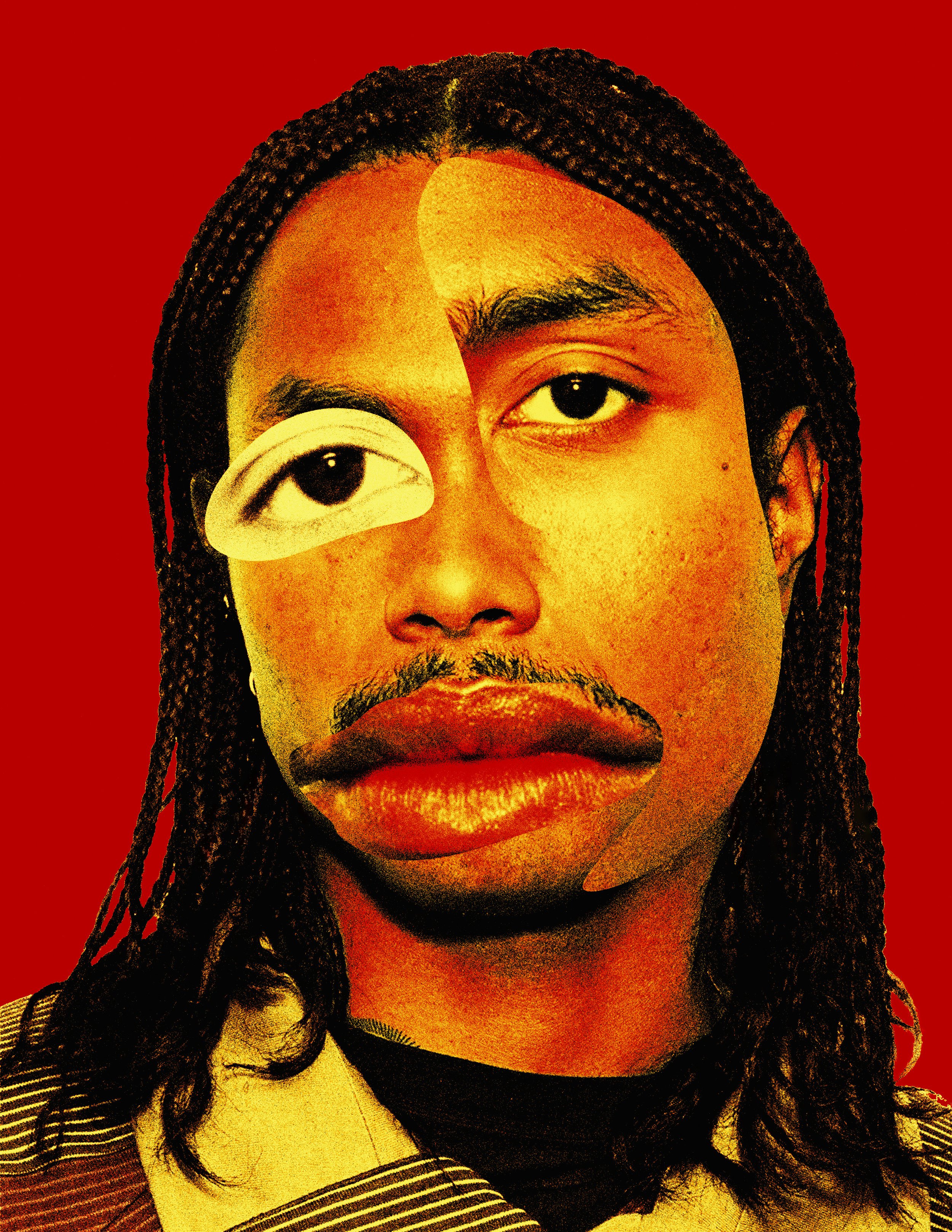 A digital art piece featuring a person's face with one eye covered by a white oval shape and the other eye visible. The background is red, and the image has a stylized, high-contrast, textured appearance.