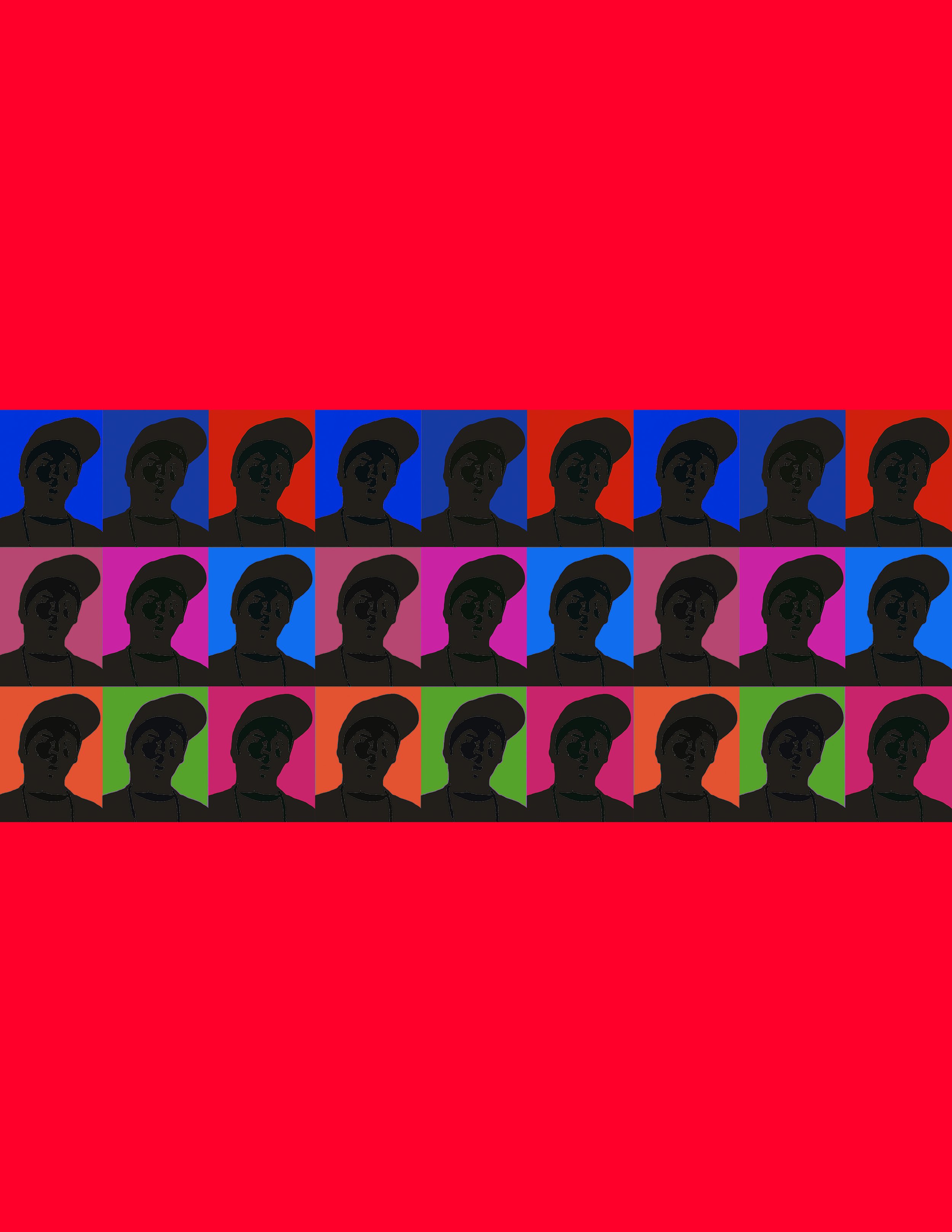 Repeated pattern of a person's silhouette with a cap in a colorful grid, set against a red background.