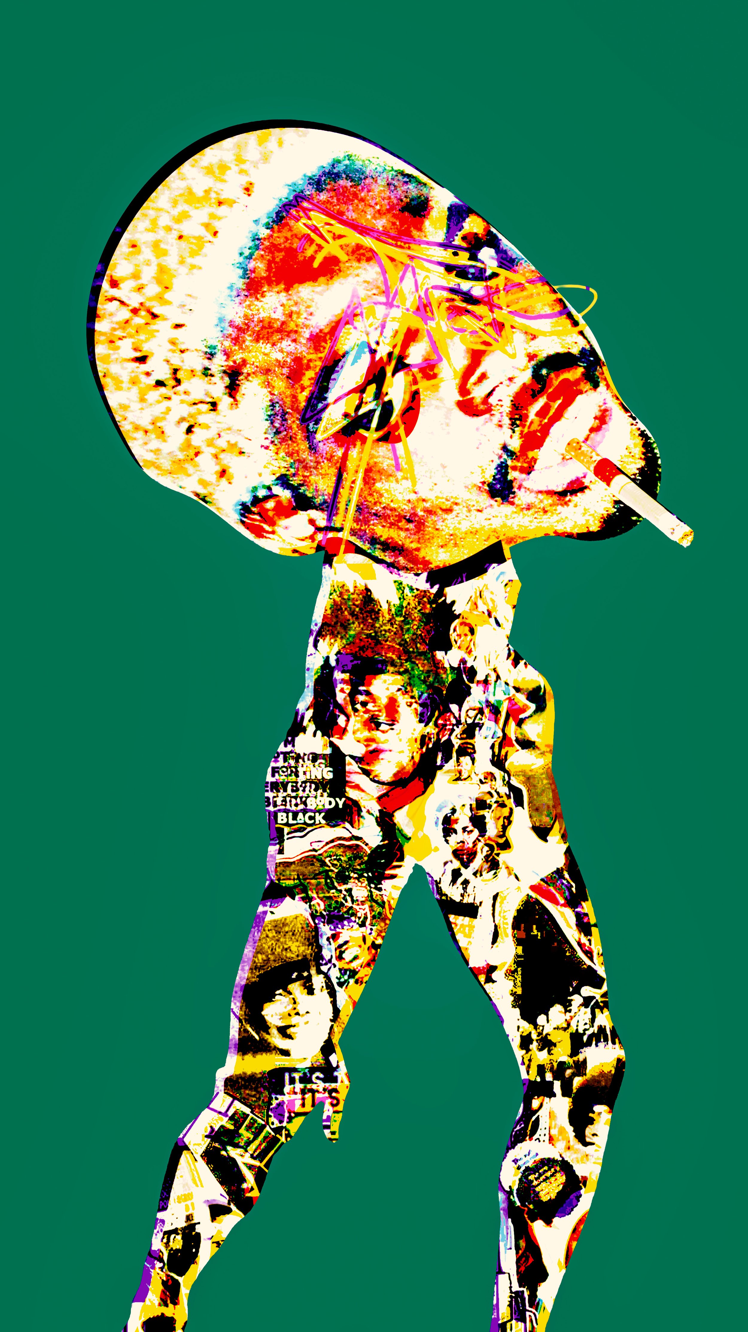 A digitally manipulated illustration of a person with a collaged body and a colorful face, smoking a cigarette, with a plain green background.