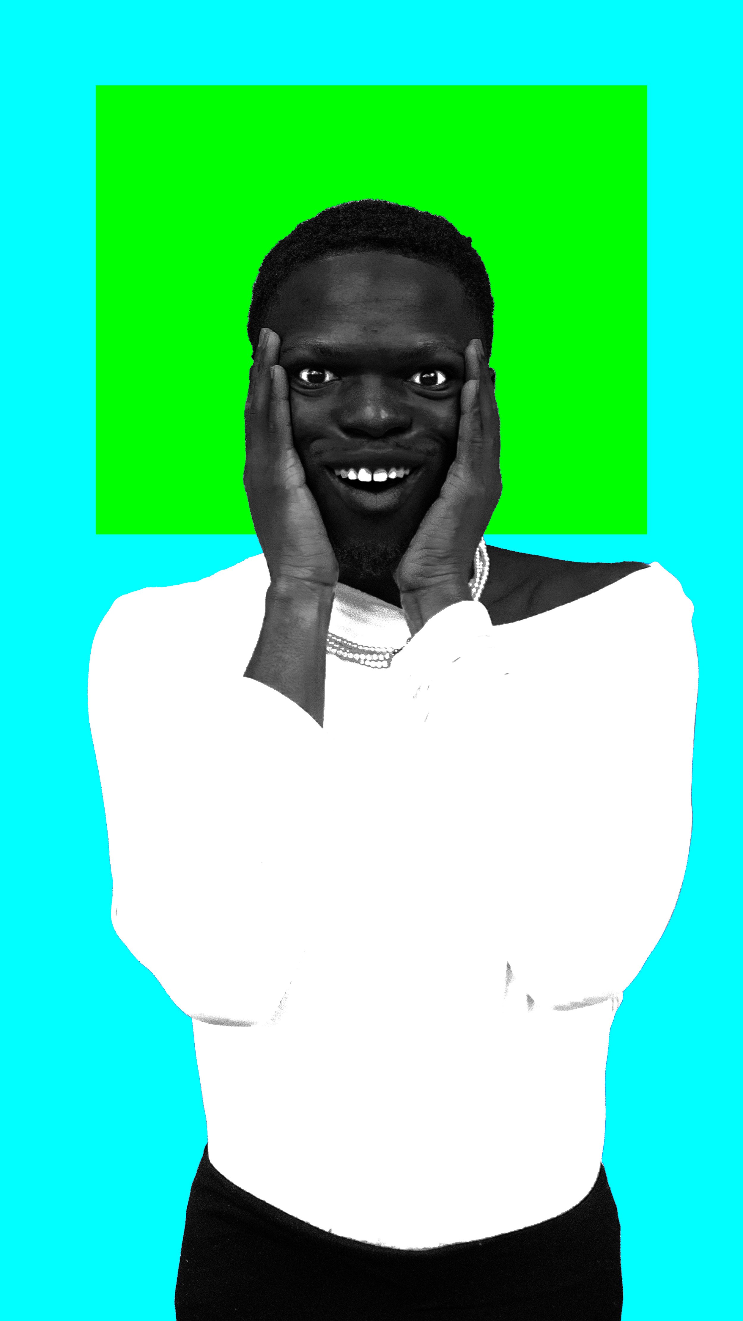 A black-and-white photo of a smiling person with hands on face, against a colorful background with a green square and blue surroundings.