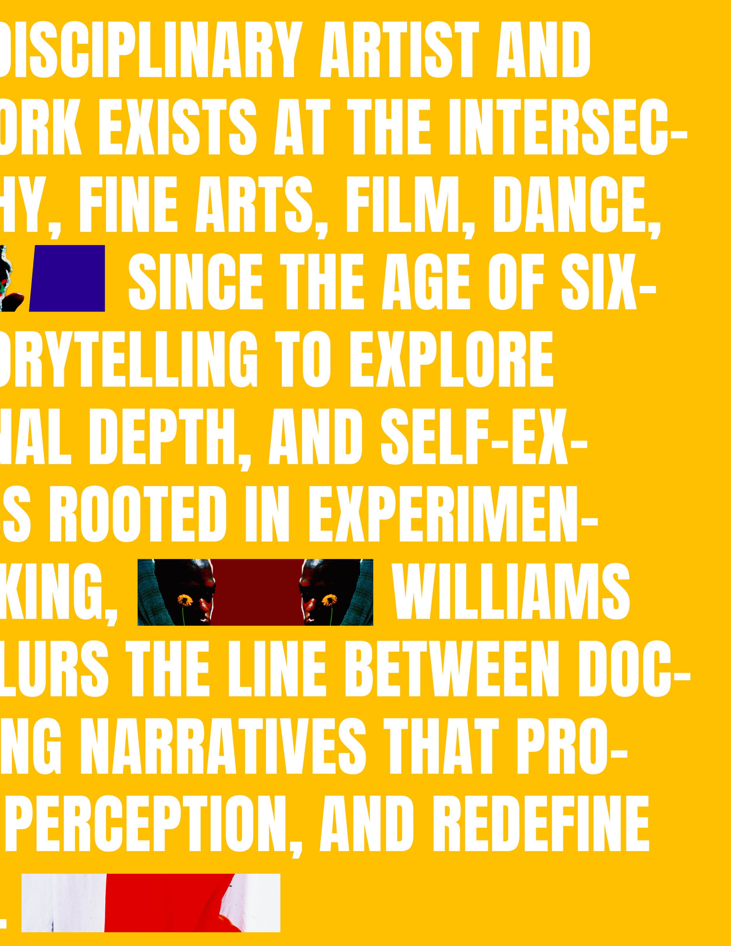 Close-up of a vibrant yellow background with large white text discussing the evolution of expressive arts, featuring small images embedded within the text, including a black face with colorful adornments, and a symmetrical image of a person with dark