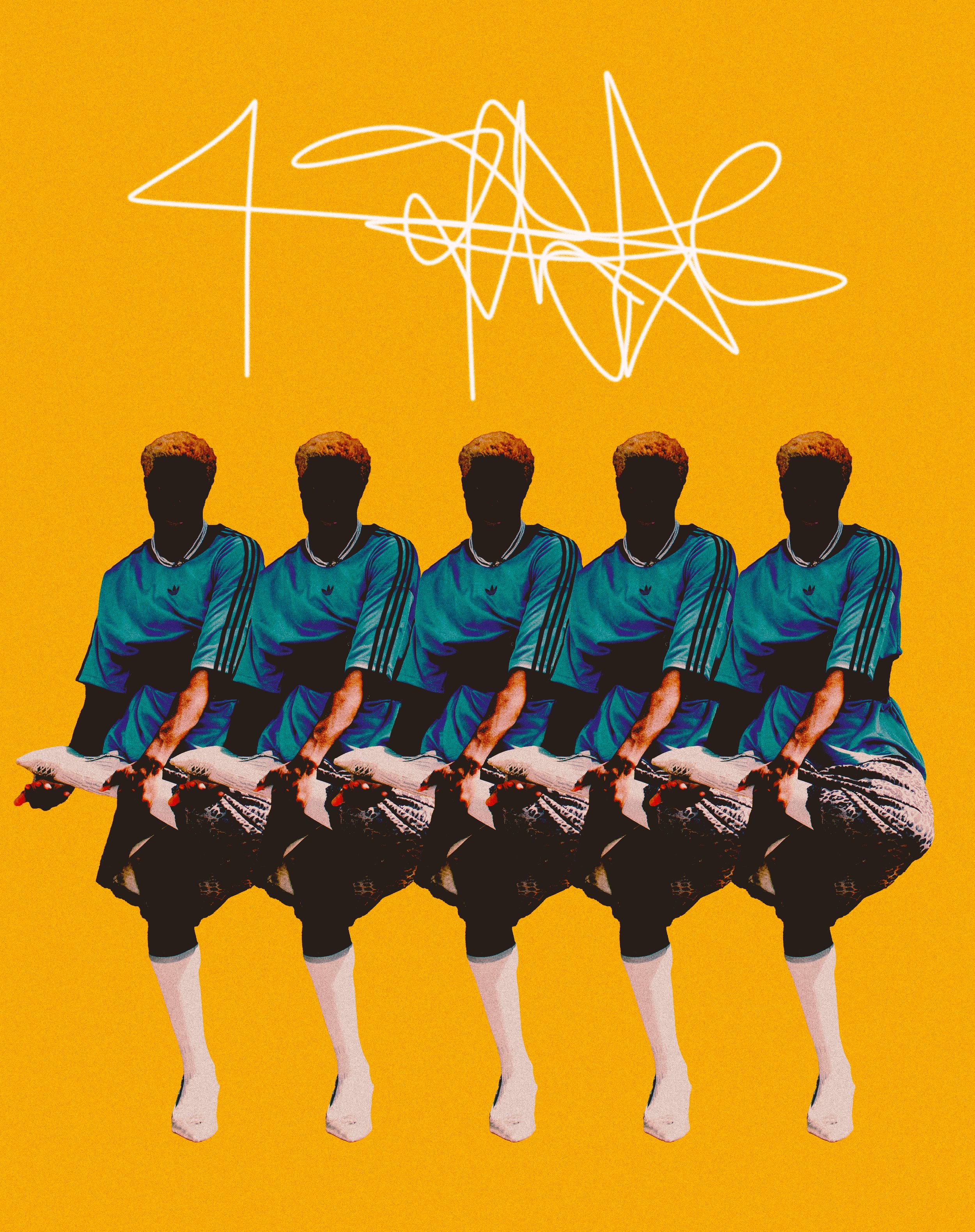 A digital artwork of five identical figures with orange hair, wearing blue athletic jerseys and shorts, sitting on a wall with one leg up, against a yellow background. A white, abstract, scribble-like line art is above them.