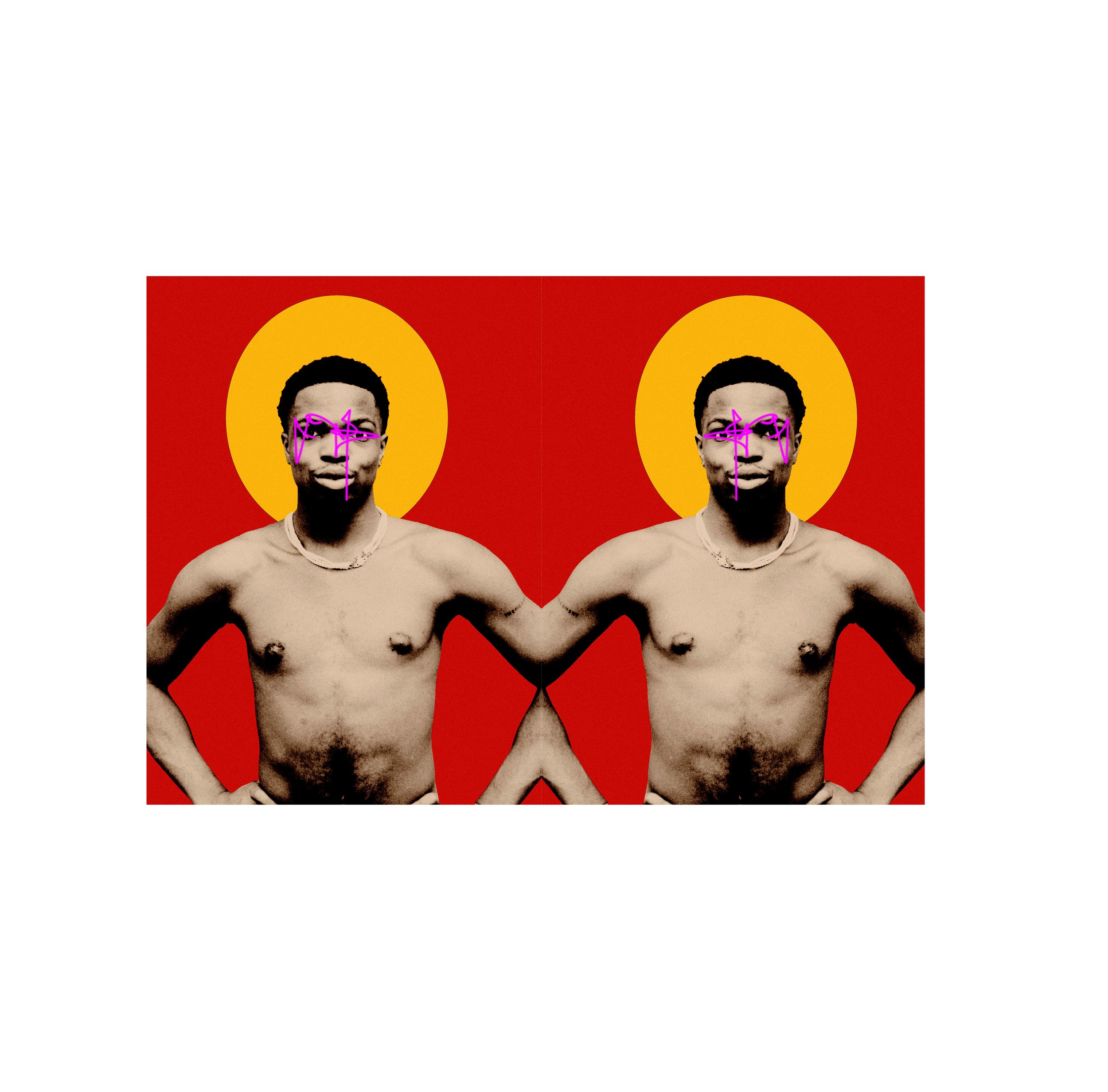 A mirrored digital artwork of a shirtless man with dark hair and a chain necklace, standing with hands on hips, against a red background with a yellow circle behind his head. Purple lines are drawn over his face.