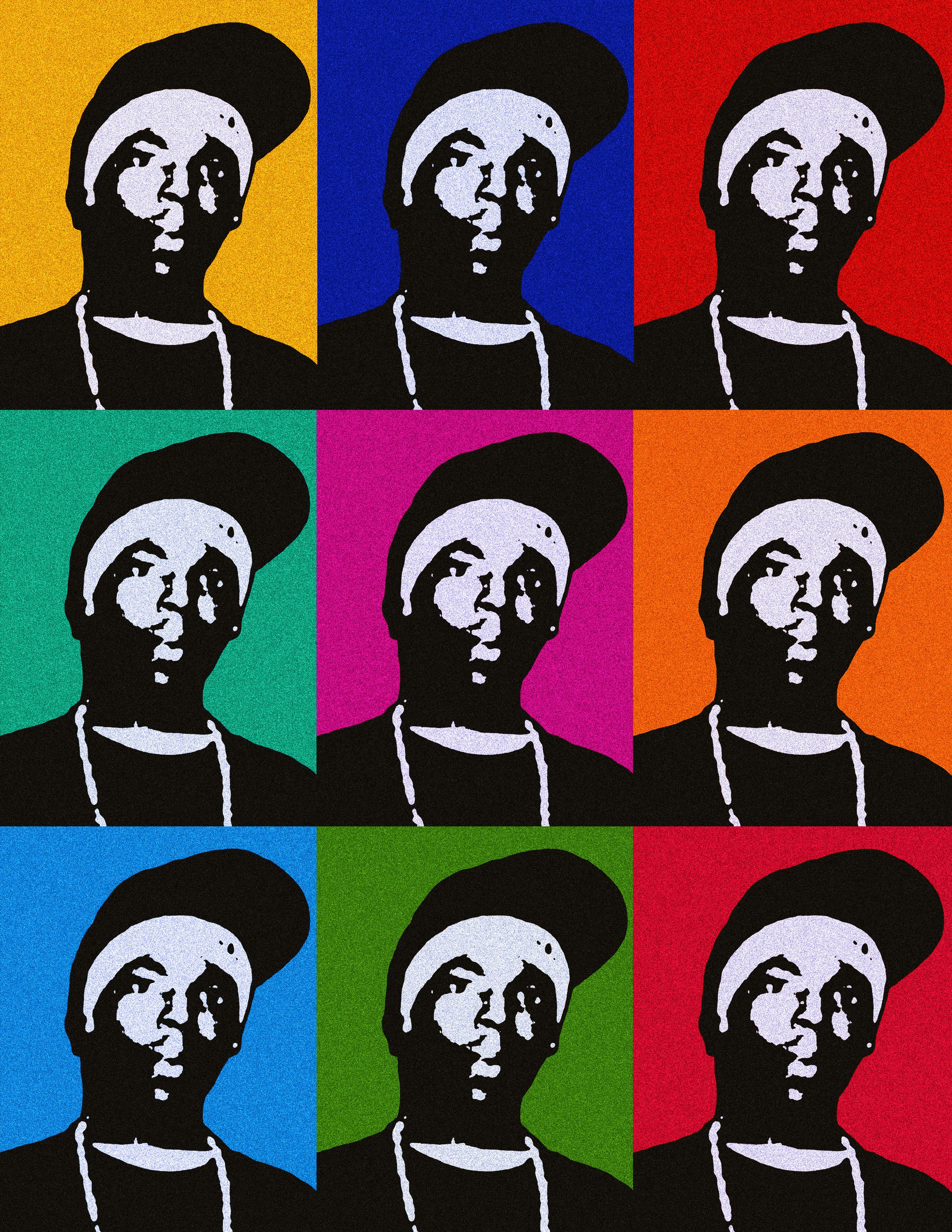 Pop art style image of a person wearing a cap and a beaded necklace, with each portrait set against a different vibrant background color in a 3x3 grid.