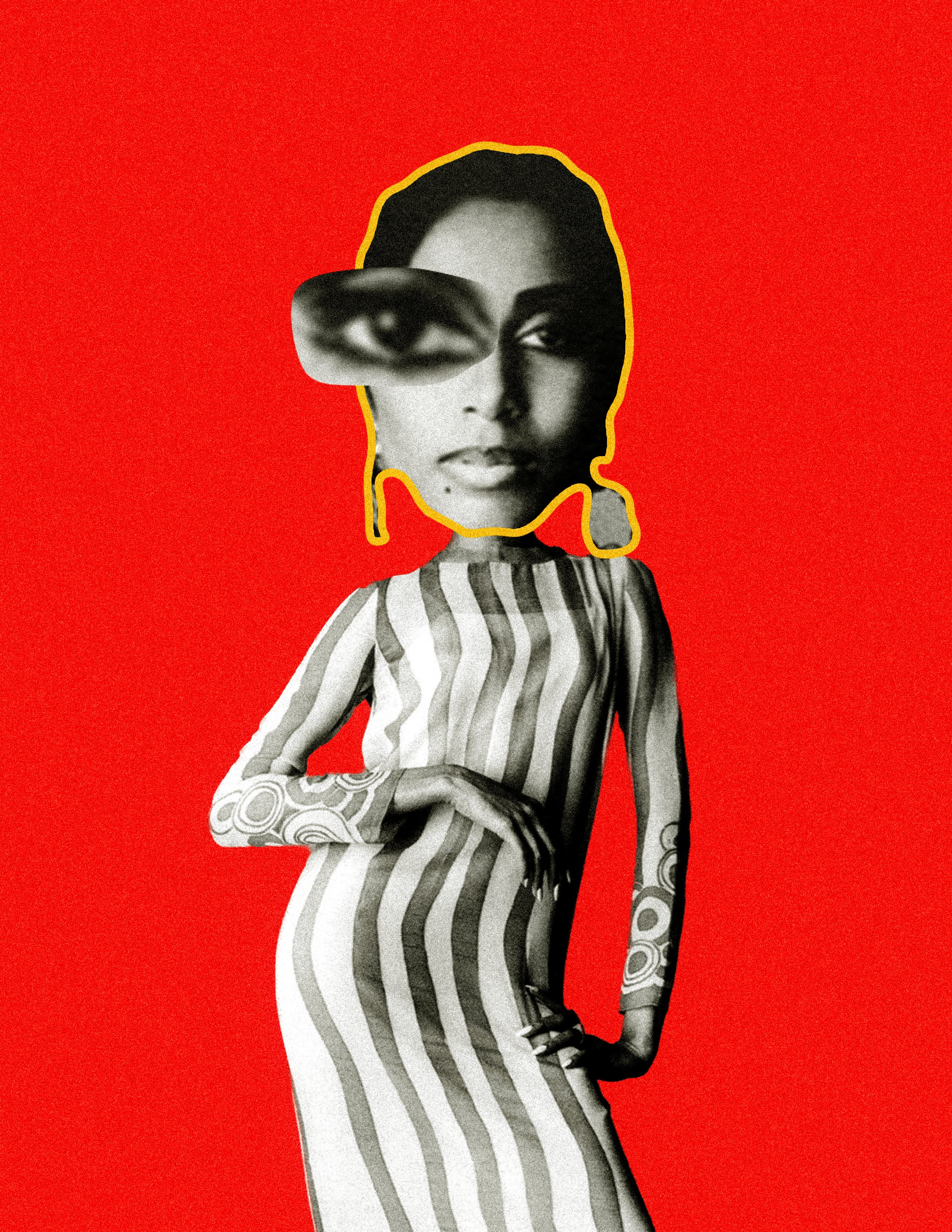 A collage of a woman with dark hair and tattoos, with a black and white eye overlaid on her face, against a red background.