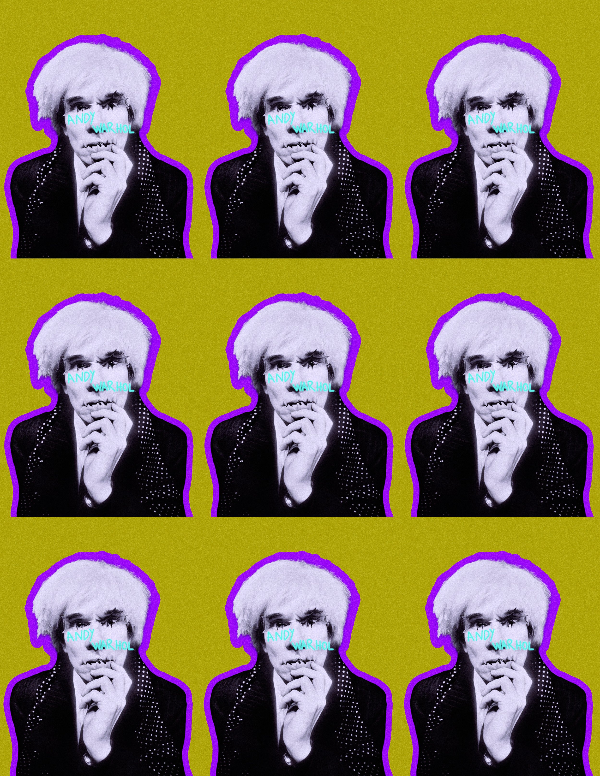 Pattern of a black and white portrait of Andy Warhol with icy blue text overlay that reads 'ANDY WARHOL', bordered with purple outlines, set against a yellow background.