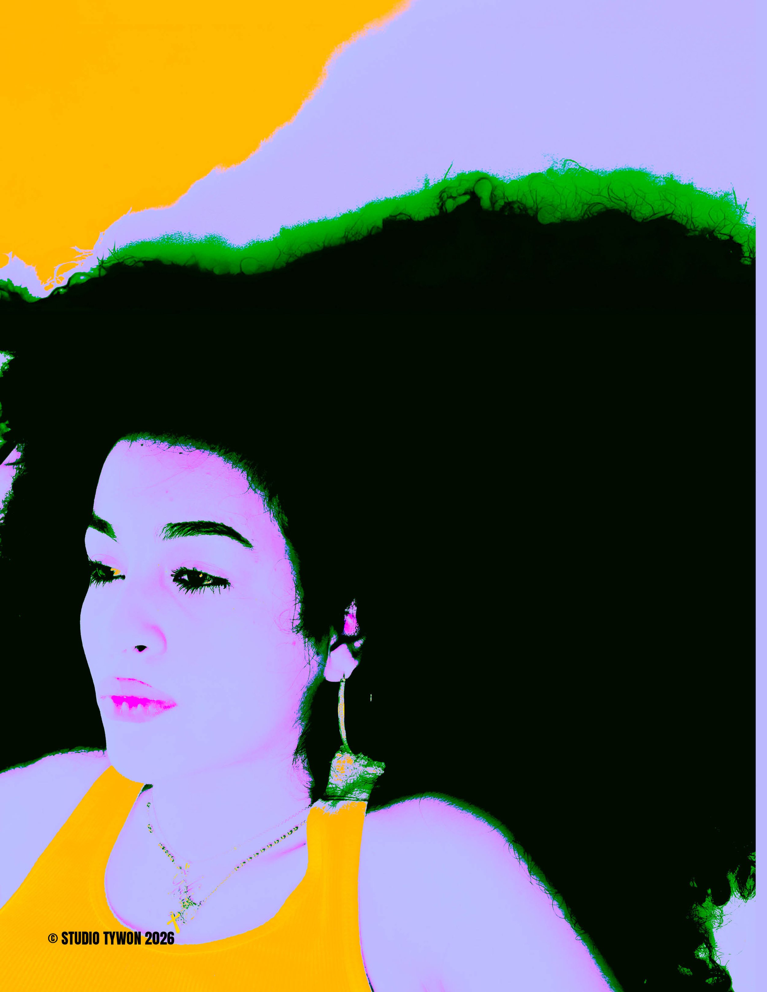  digitally edited portrait of a woman with large, curly hair wearing a yellow top, with artistic color effects.