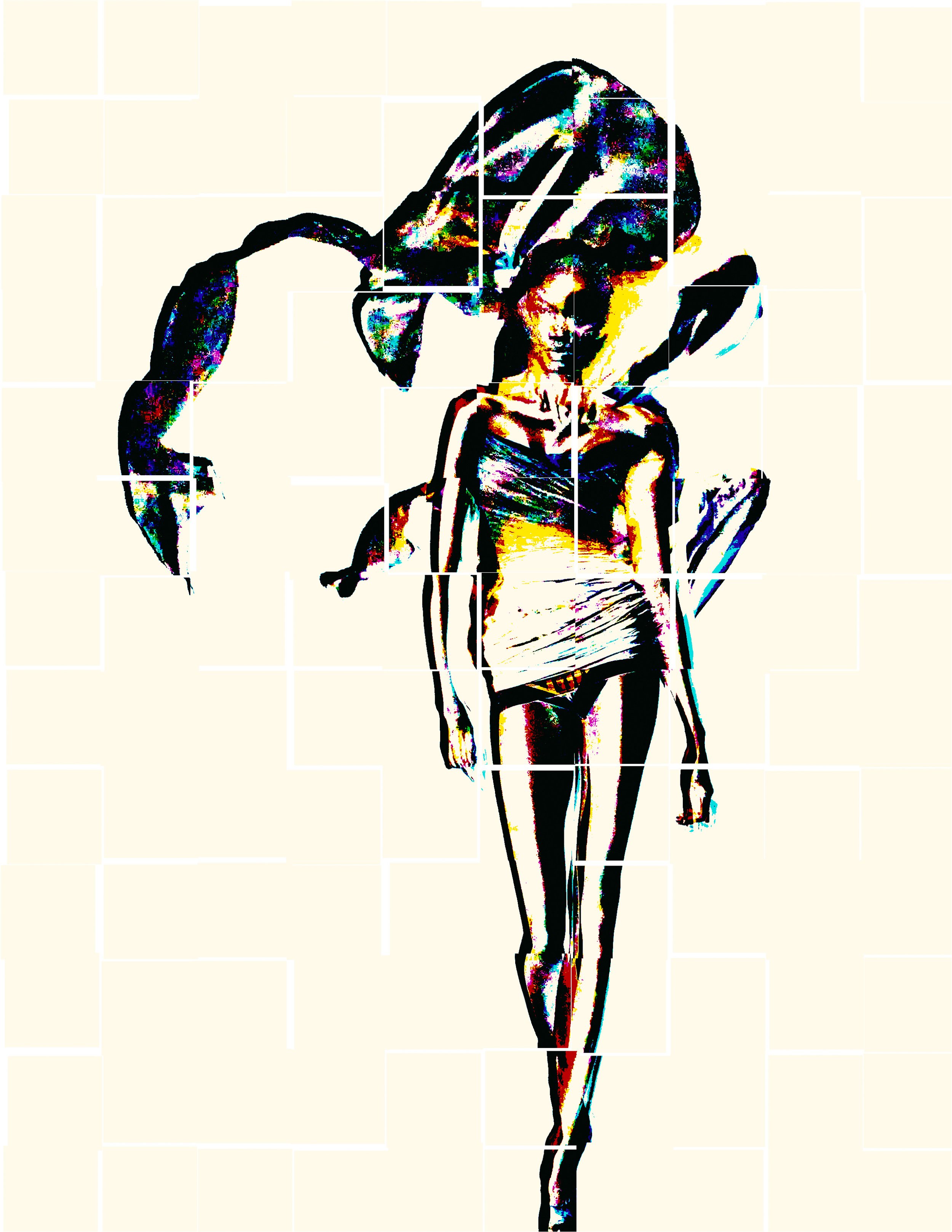 Stylized, colorful illustration of a woman with large goggles adjusting them, wearing a sleeveless top and shorts, with a confident pose.