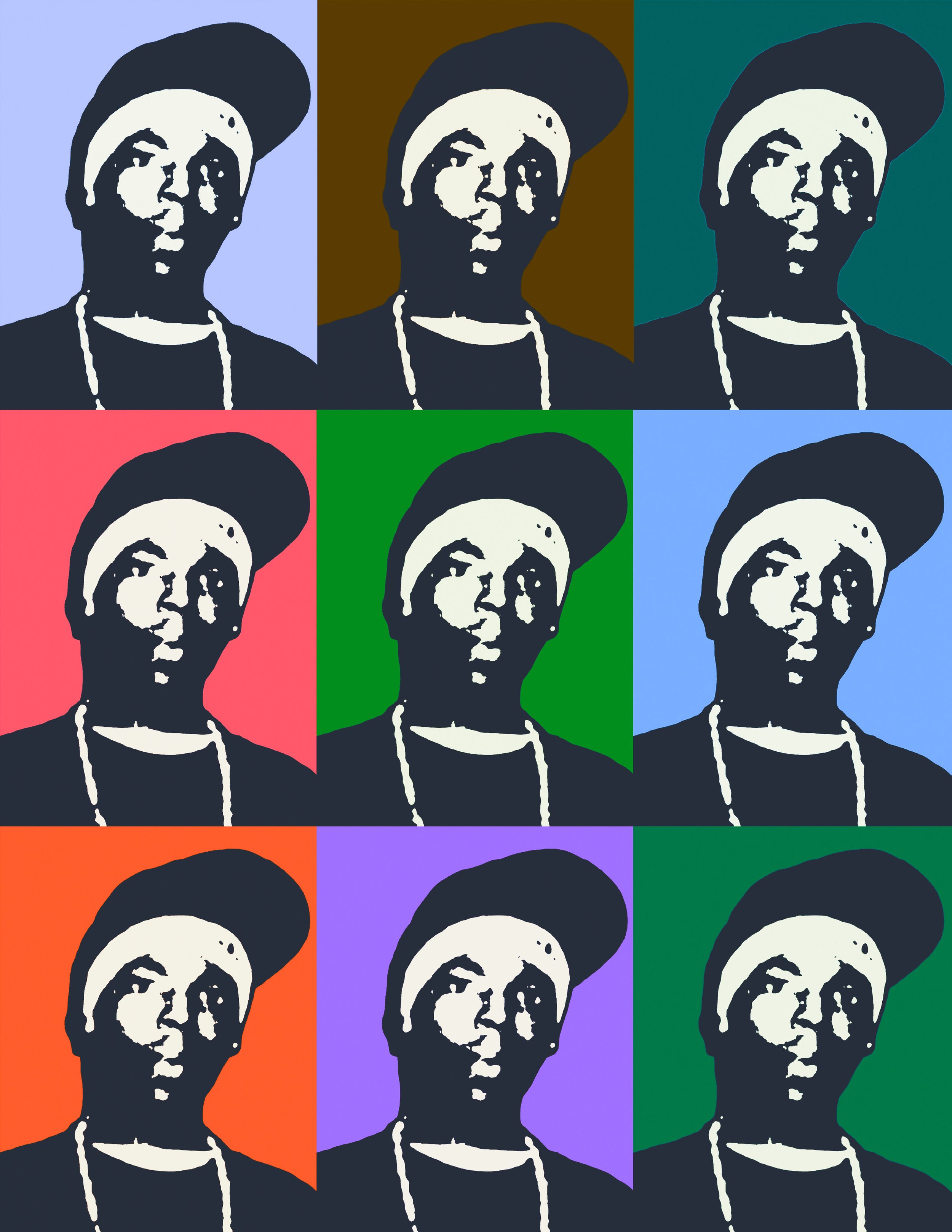Pop art collage of a person's portrait repeated nine times with different colored backgrounds.