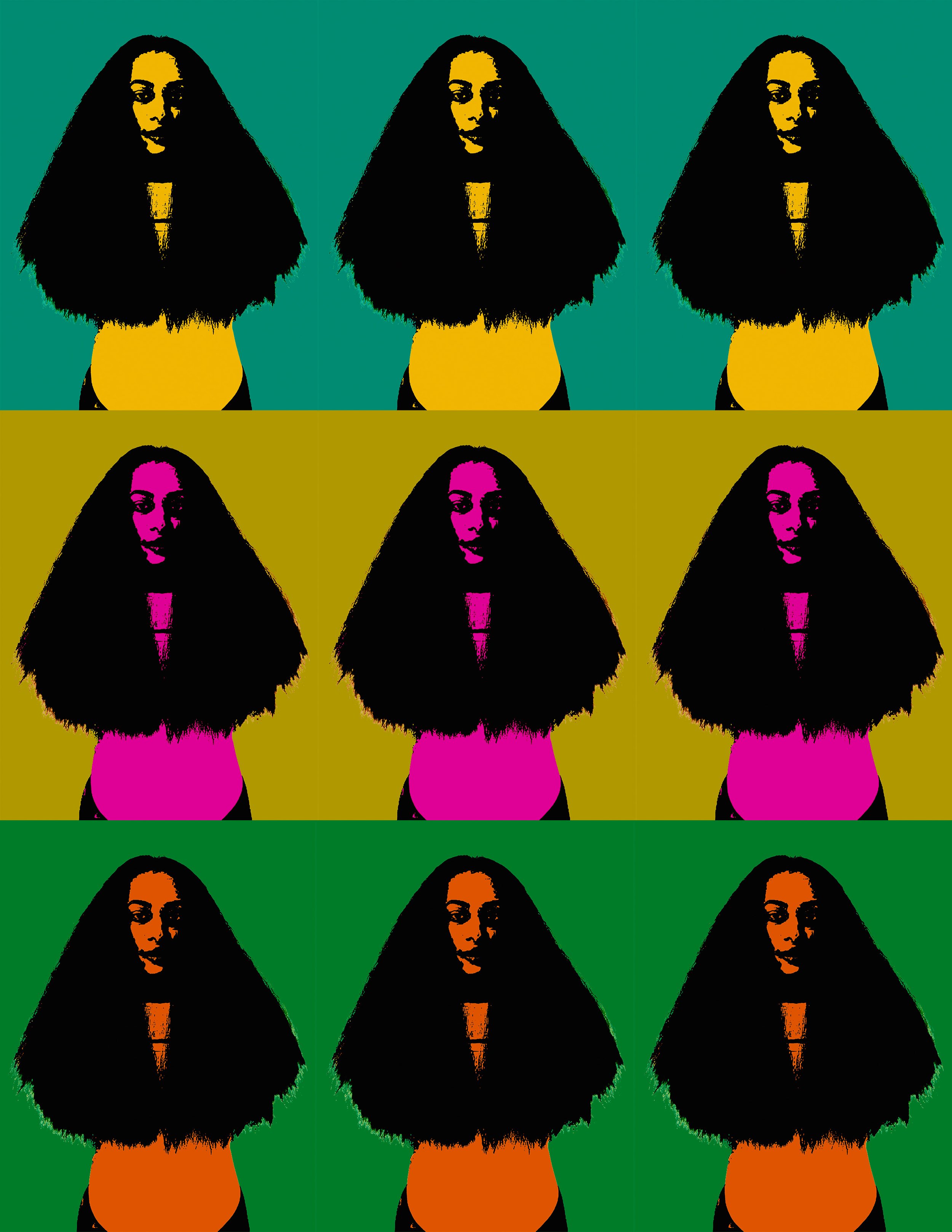A pop art style image featuring a woman with long black hair, shown multiple times with different background and hair colors, and each image version with a different color palette.
