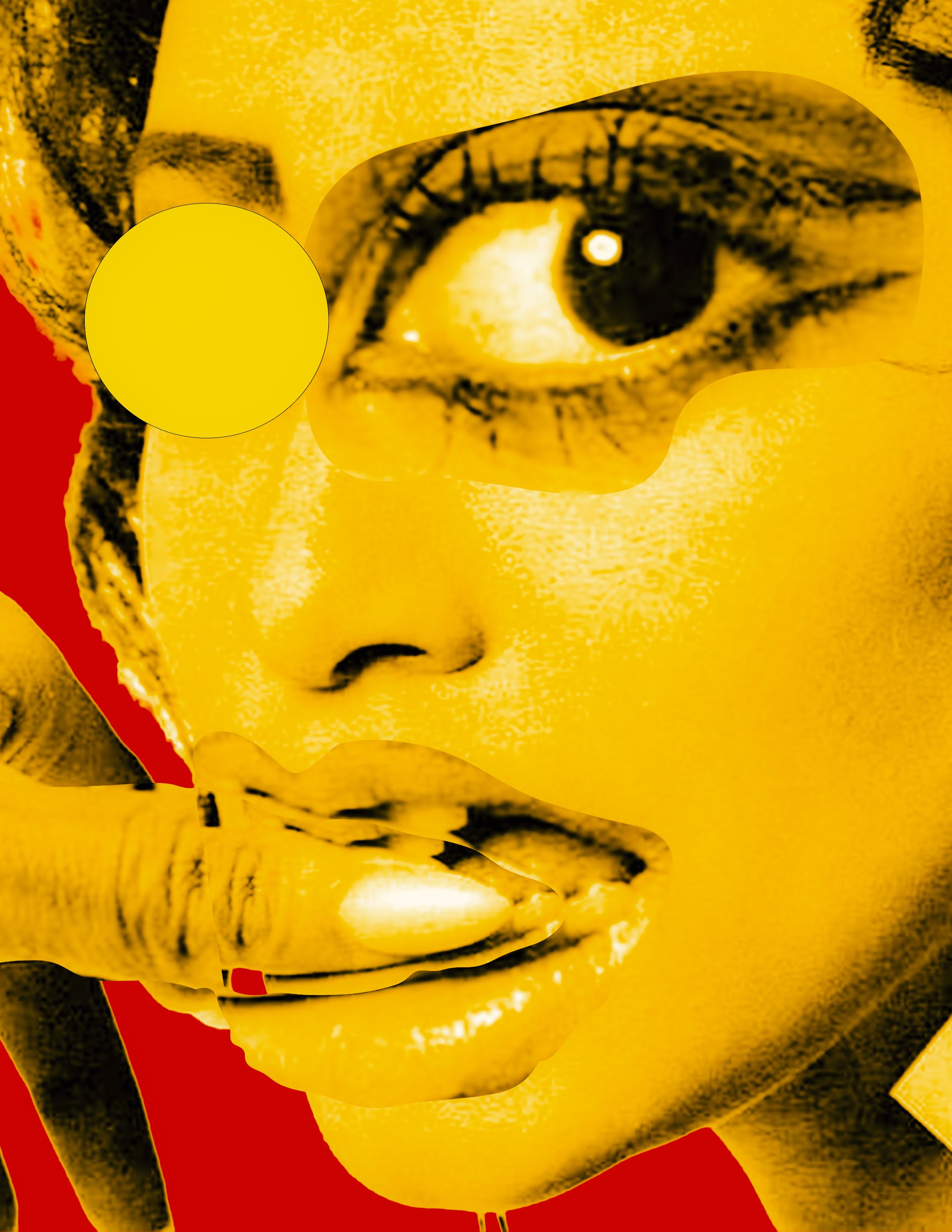 A close-up of a person's face, partially obscured, colored with yellow and black, with a red background, and a yellow circle overlapping part of the face, creating an abstract and artistic effect.