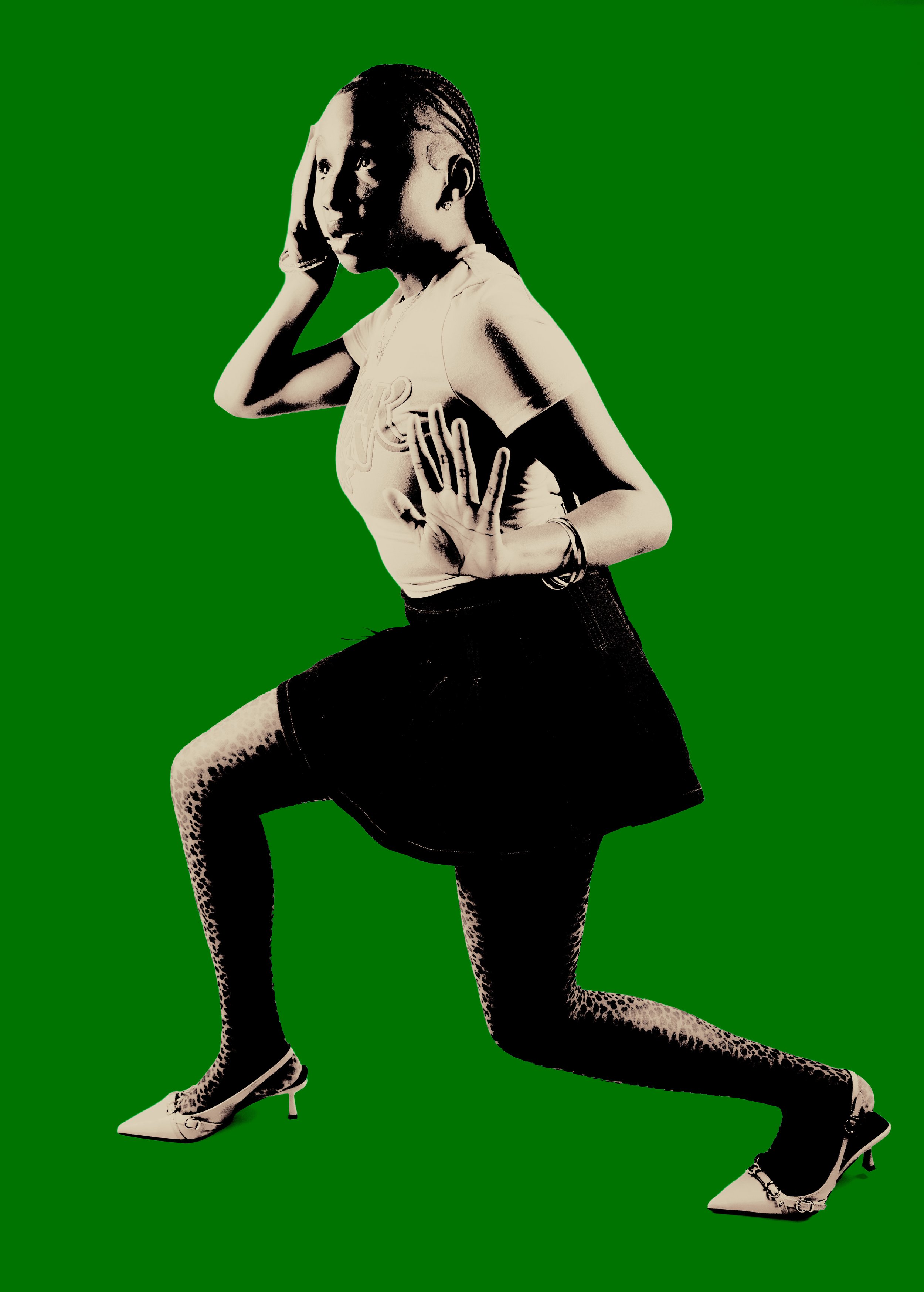 Stylized image of a woman with braided hair wearing a casual t-shirt, shorts, patterned tights, and high heels, positioned against a green background.