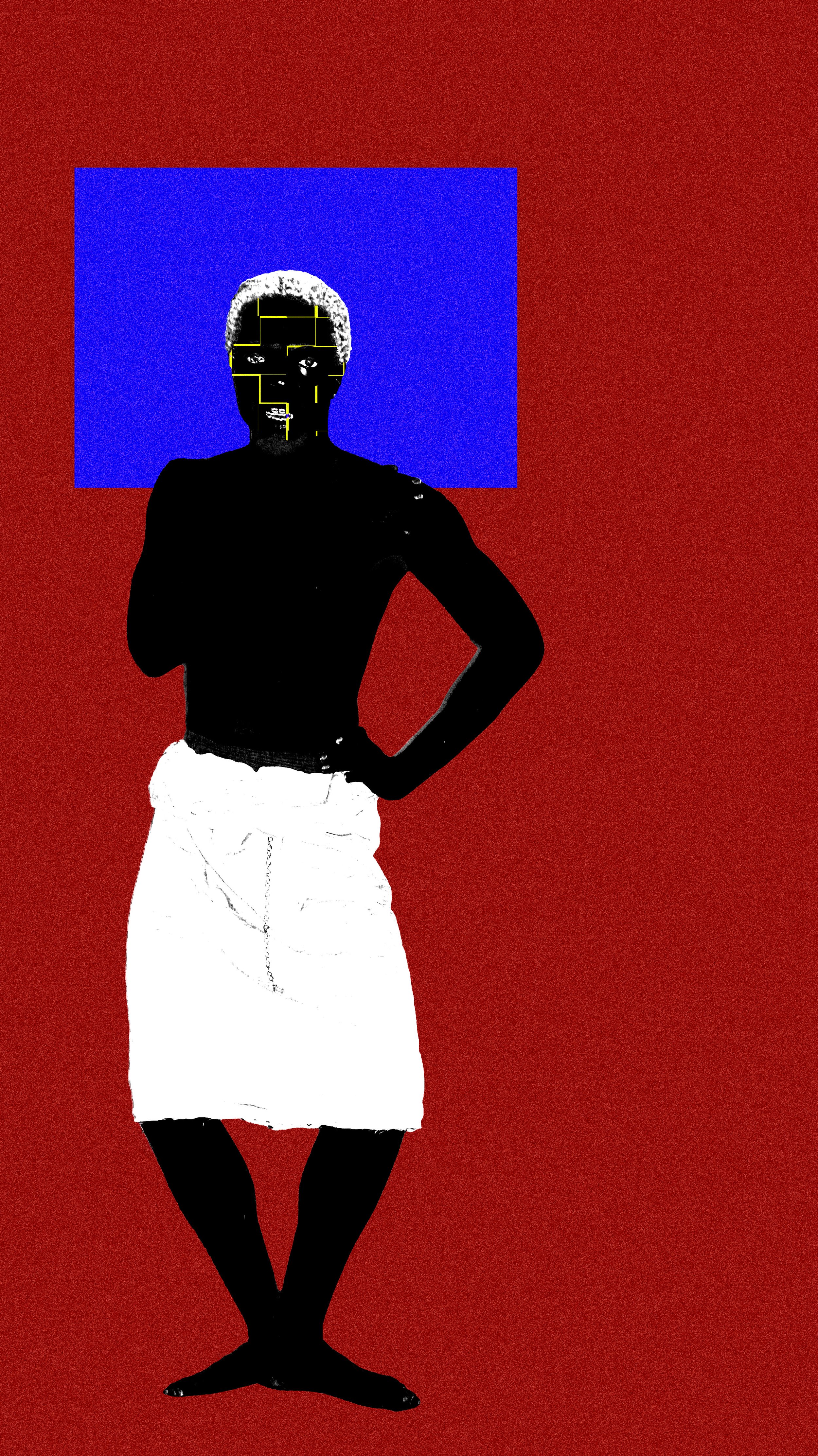 A person standing in front of a wall with a blue rectangle, wearing a dark top and a white skirt, with arms akimbo, and a contrasting black and white color stylized appearance.
