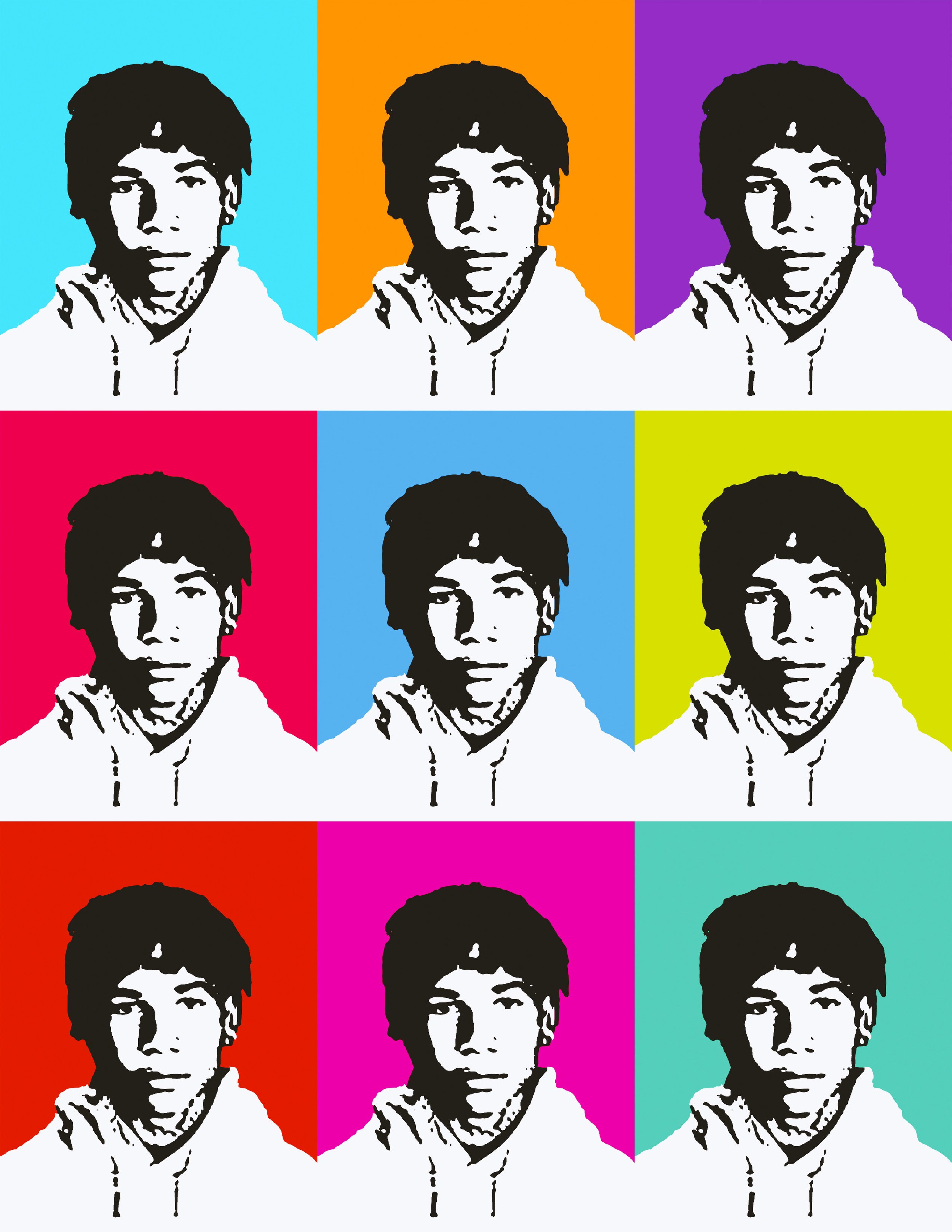 Pop art style portrait of a young woman with short hair, repeated in a grid with different background colors including blue, orange, purple, red, pink, teal, and yellow.