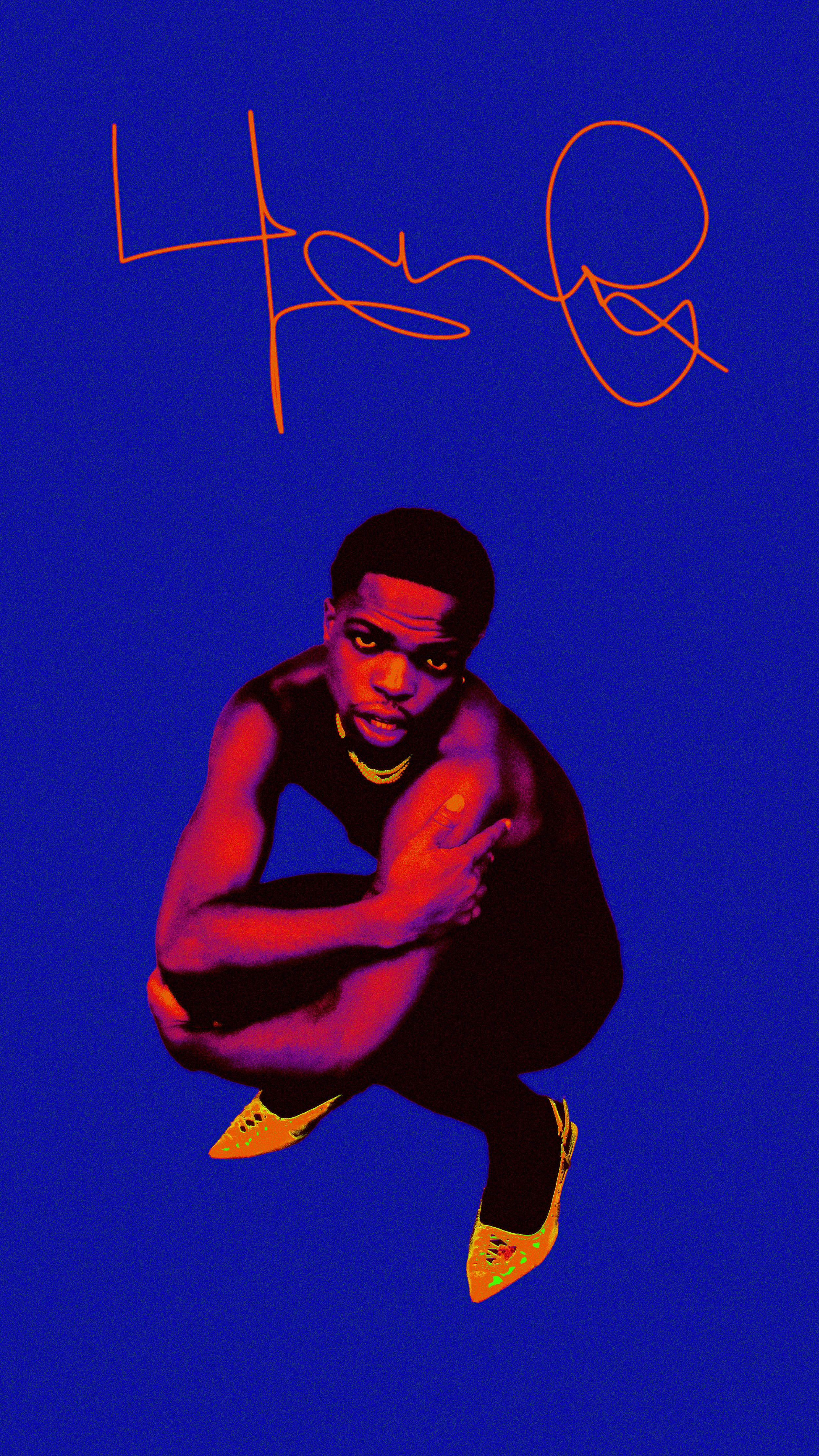 A person with dark hair and dark skin crouching against a solid blue background, wearing yellow sneakers with neon accents, a black tank top, and gold jewelry. The person's left arm is crossed over their chest, and they are pointing with their right 