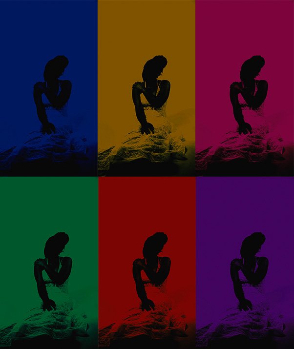 Six color-filtered silhouettes of a woman sitting with her arm across her chest on a bed, arranged in a grid with blue, yellow, pink, green, red, and purple backgrounds.