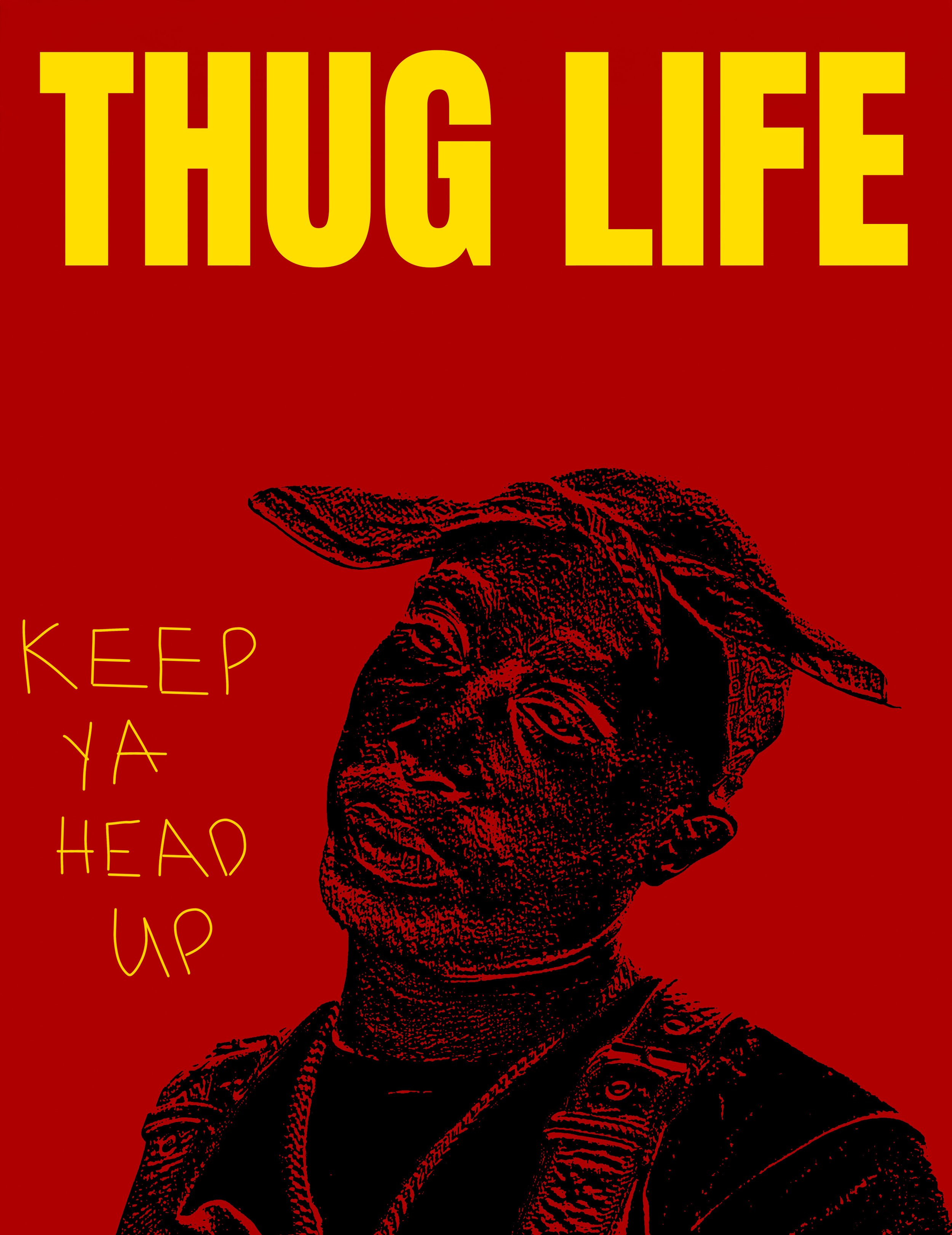 A red background with a black and white illustration of a person's head wearing a cap. The image has bold yellow text at the top that says 'THUG LIFE' and some smaller yellow text on the left side that says 'KEEP YA HEAD UP'.