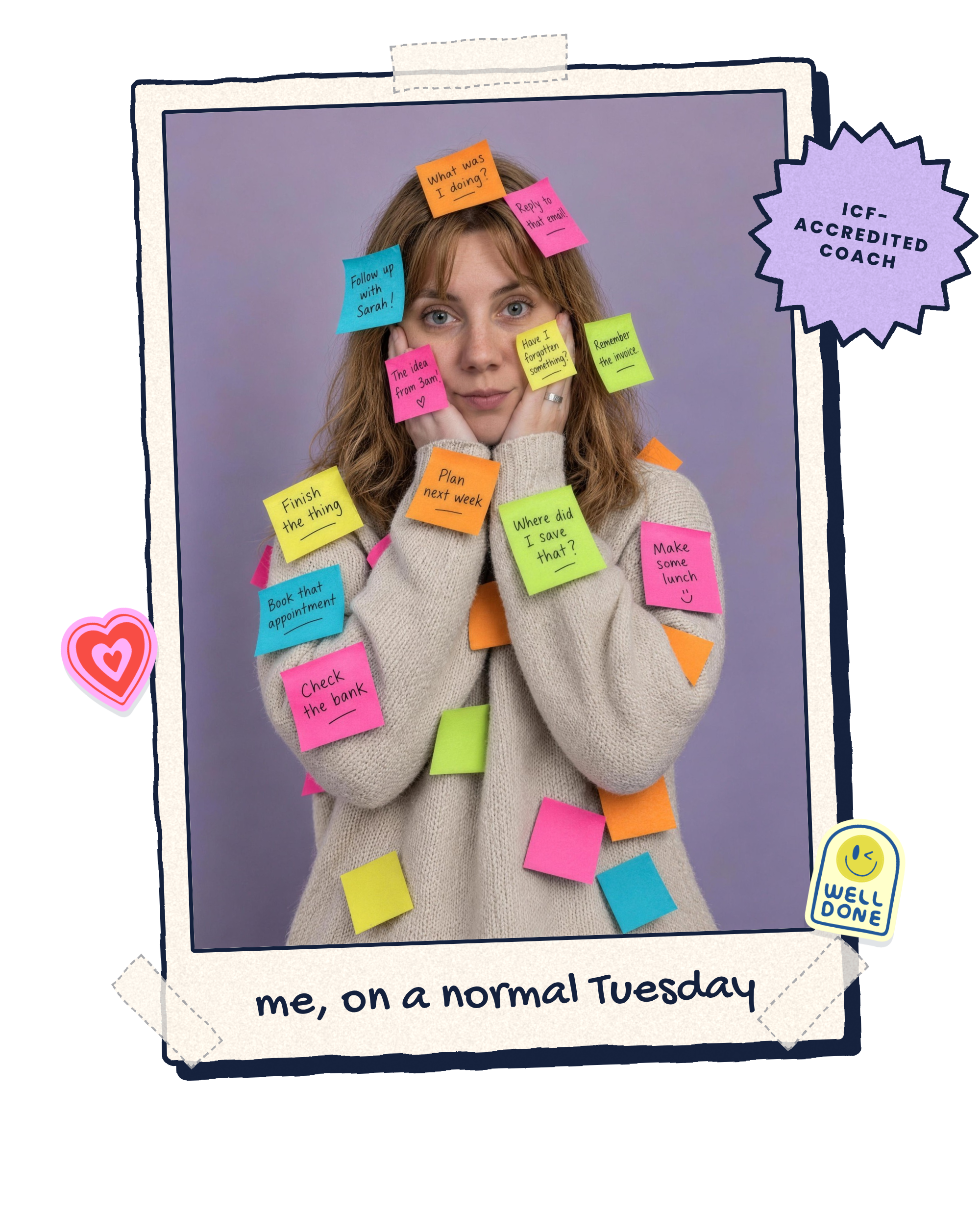 Saloni, a white woman with blonde hair, looking overwhelmed and covered in sticky notes.