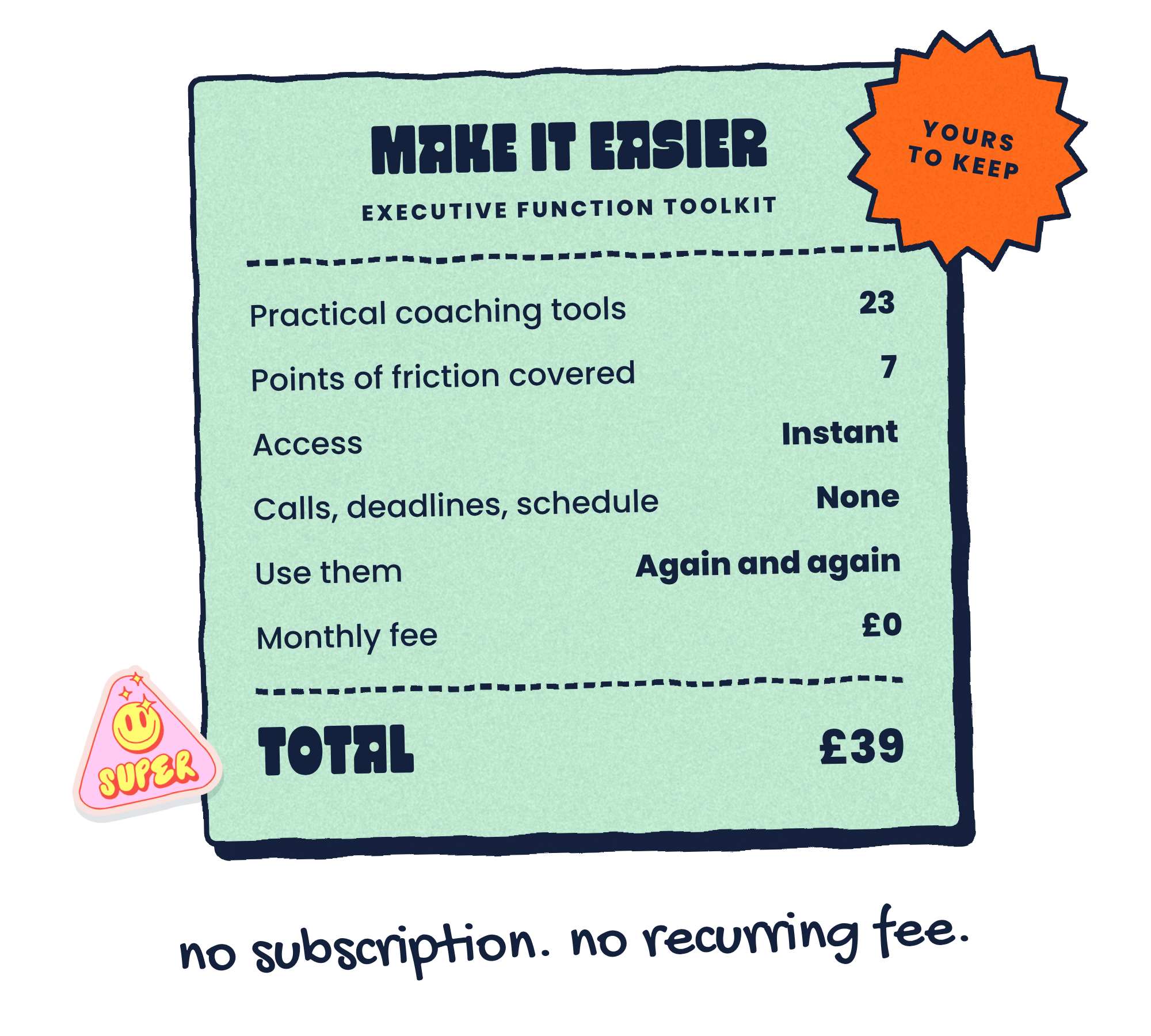Receipt: 23 tools, 7 areas, instant access, no monthly fee, £39 total.