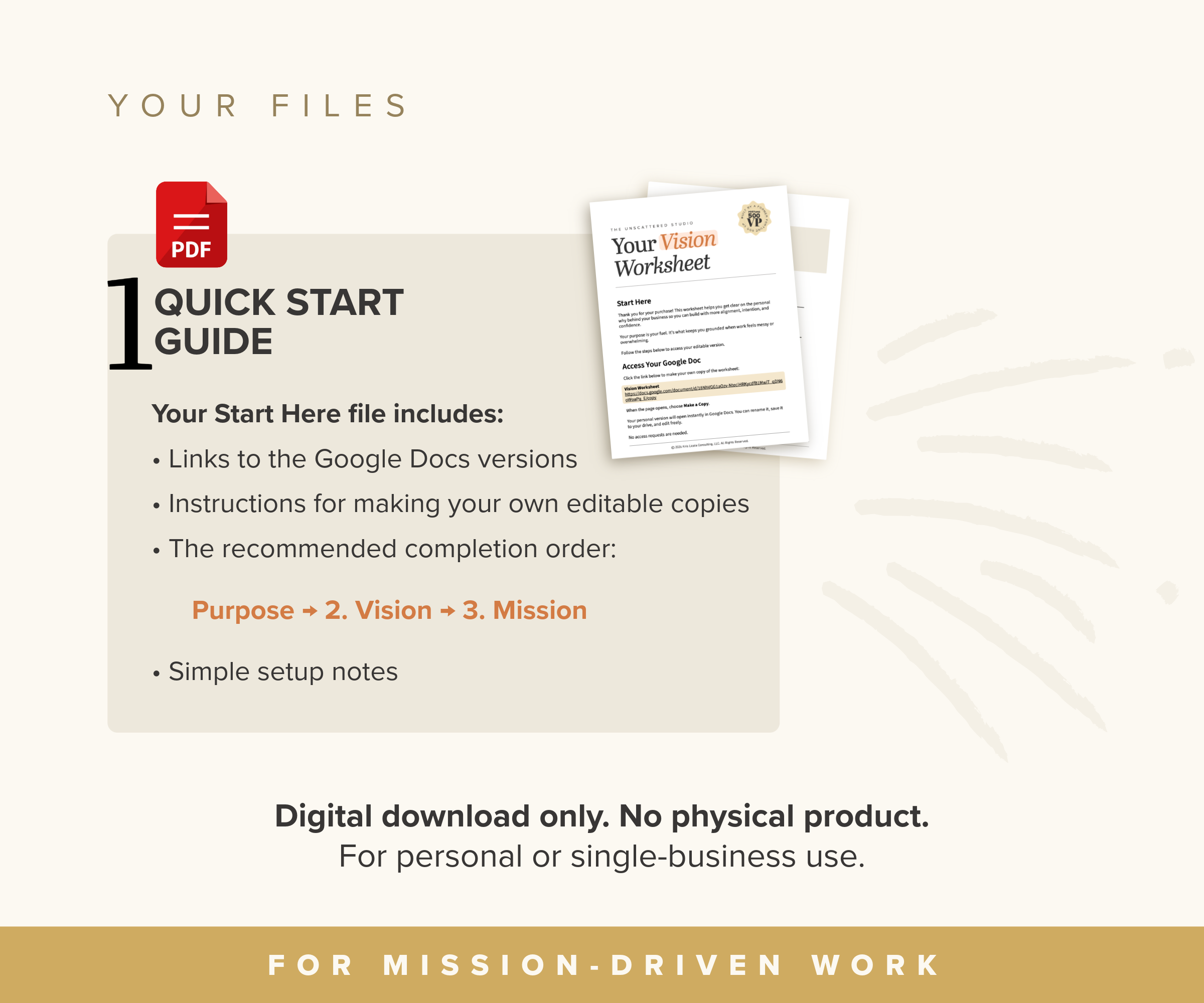 Quick Start Guide with Google Doc links, setup instructions and the recommended Purpose, Vision and Mission order.