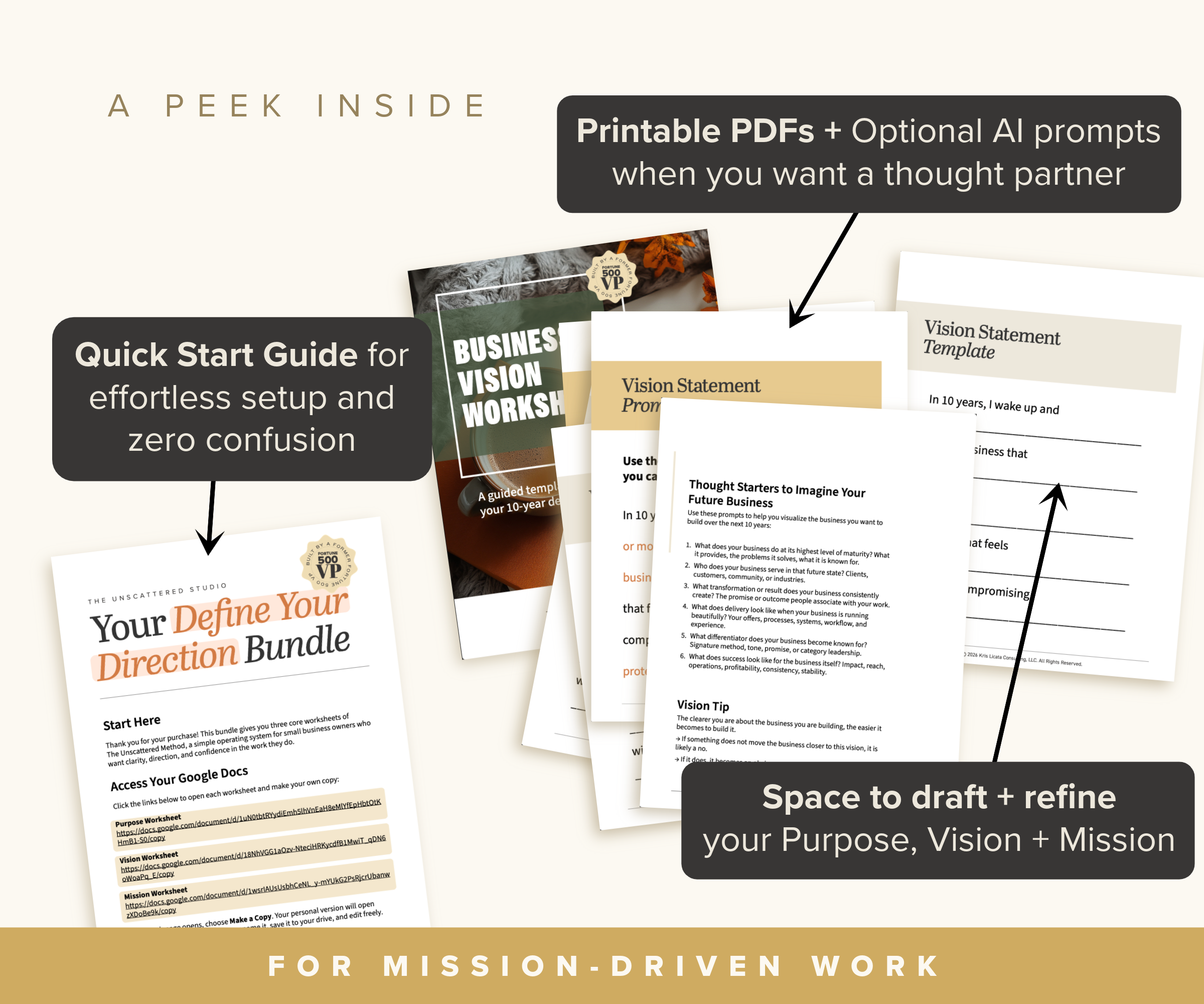 Preview of the Purpose, Vision and Mission worksheets with guided prompts, drafting space and optional AI support.